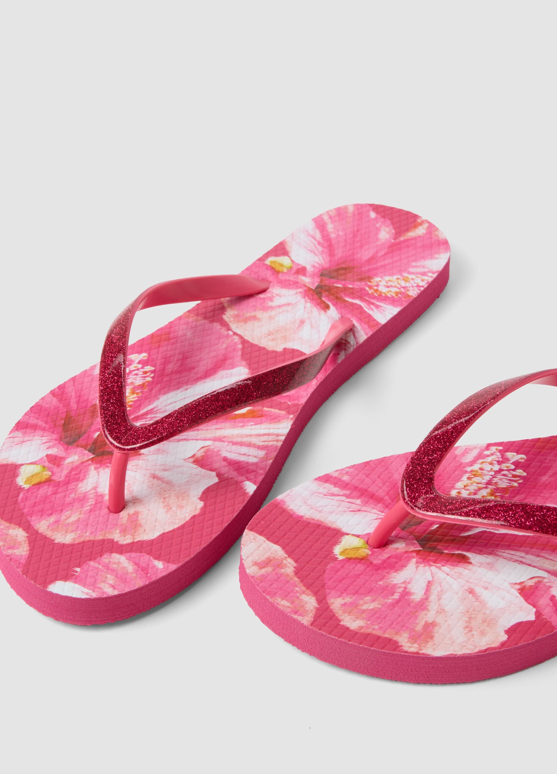 Pink floral-print flip-flops
