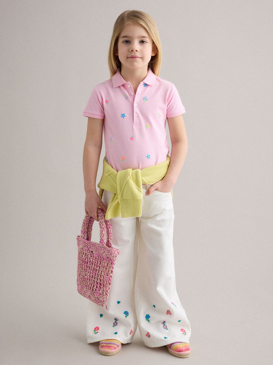 Pantaloni in puro cotone bianchi da bambina wide leg con fiori_0