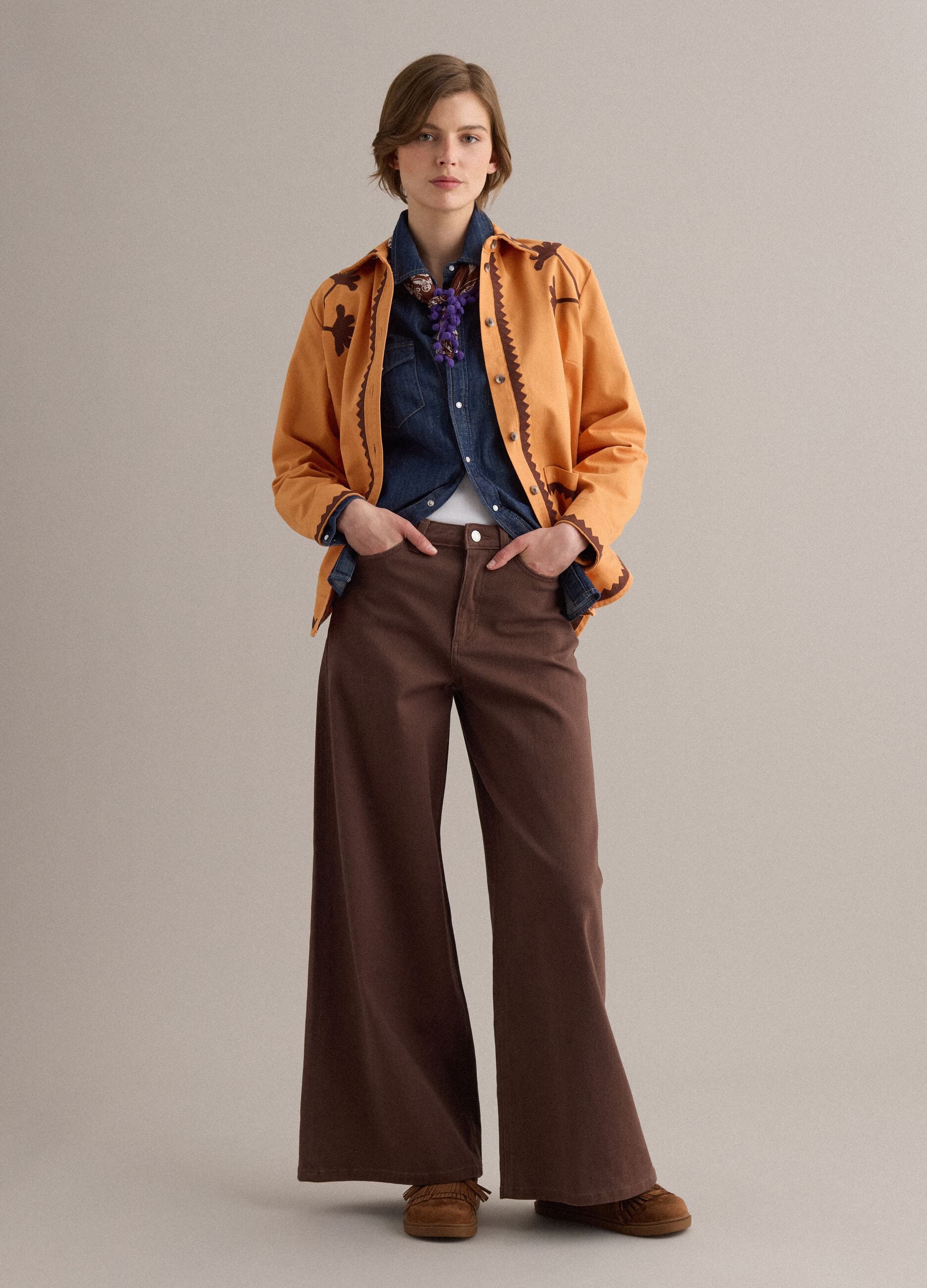Orange pure cotton jacket with contrast embroidery