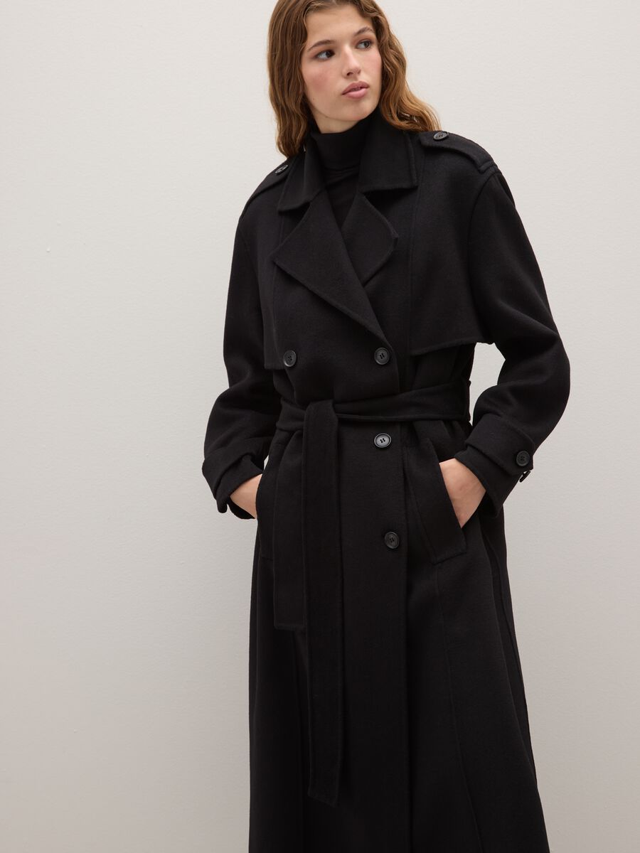 Long Black Wool Blend Coat in Regular Fit_3