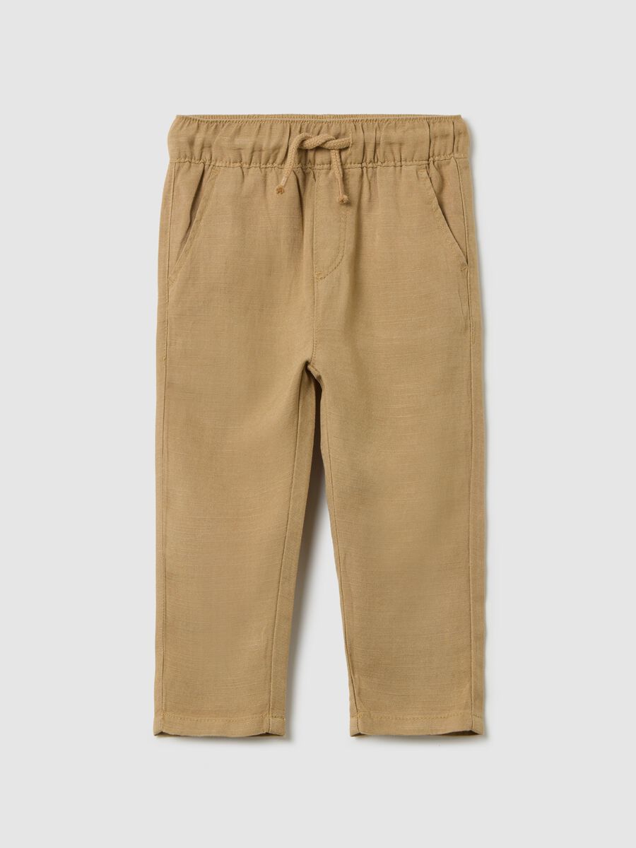 Beige trousers in linen and viscose with drawstring_0