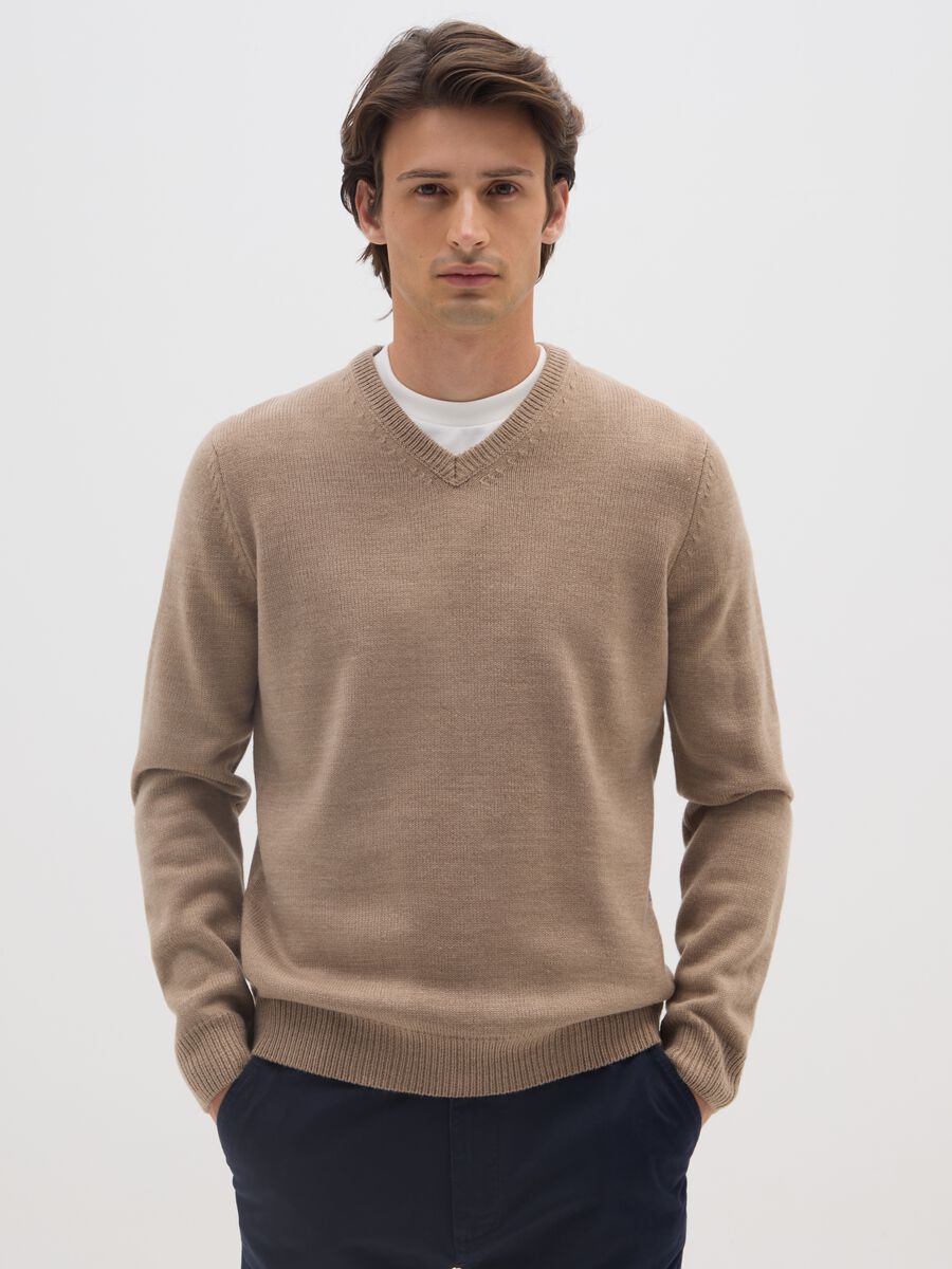 Beige V-Neck Sweater_0