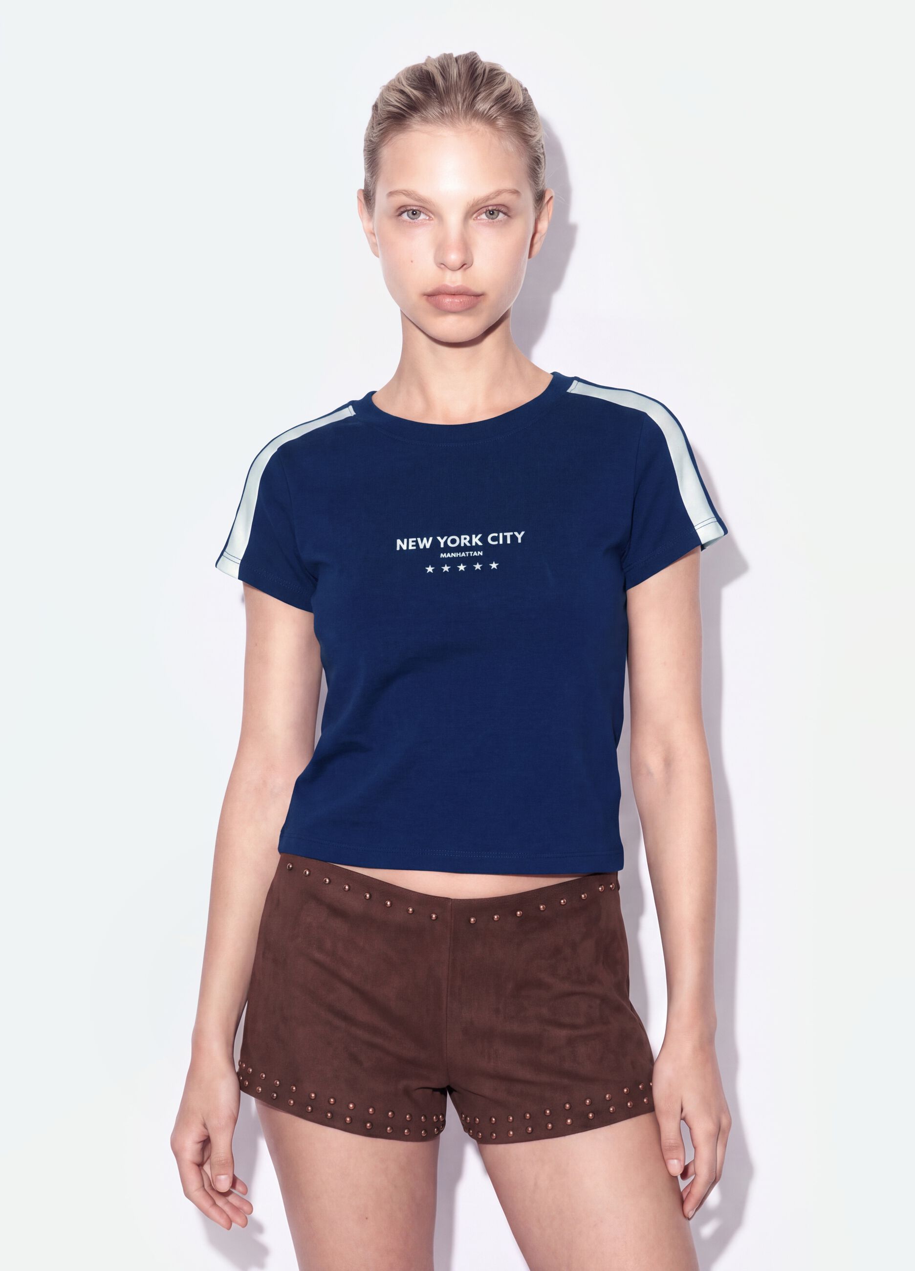 Blue pure cotton crew-neck T-shirt with New York City print