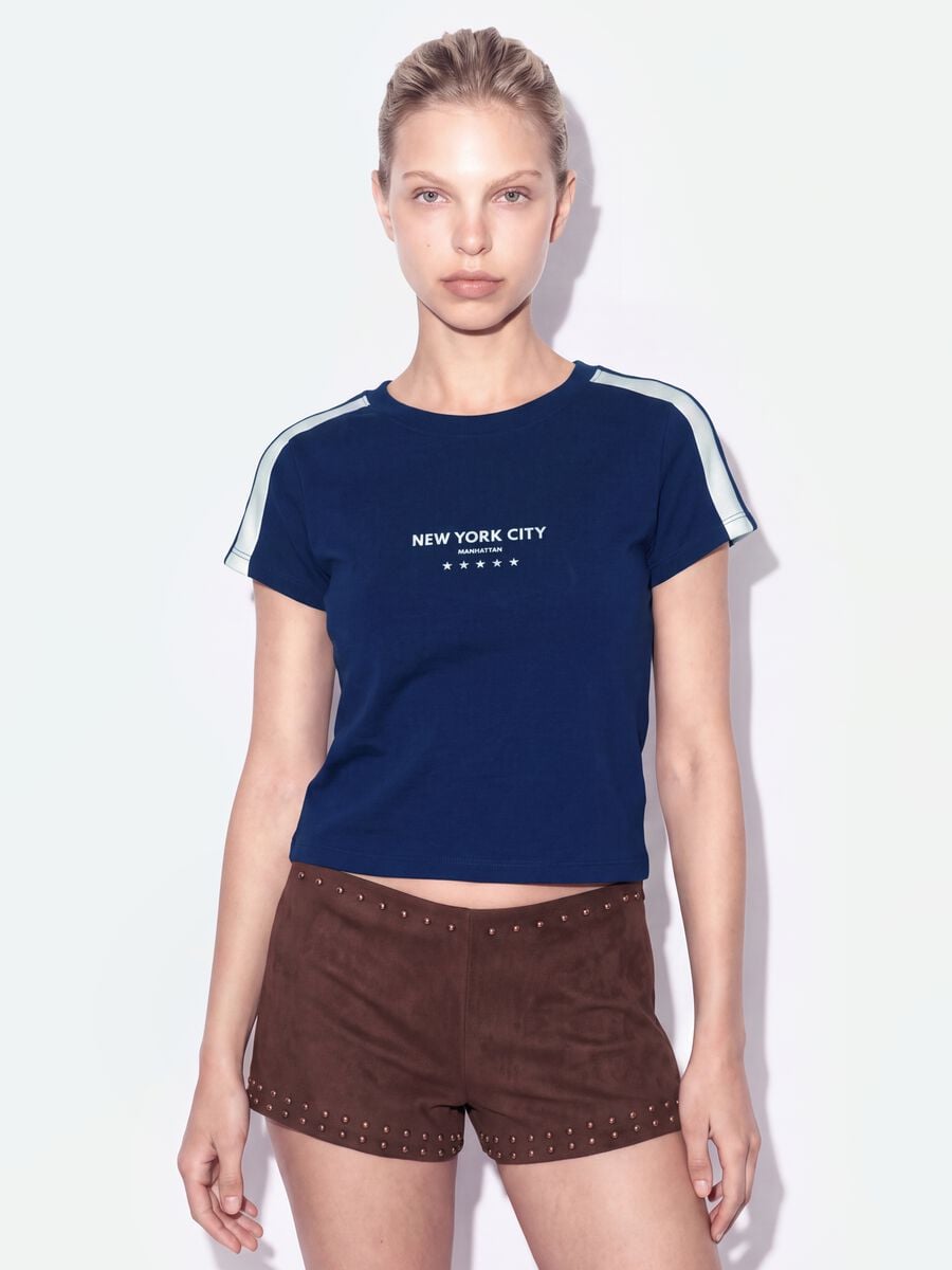 T-shirt blu in puro cotone con girocollo e stampa New York City_0