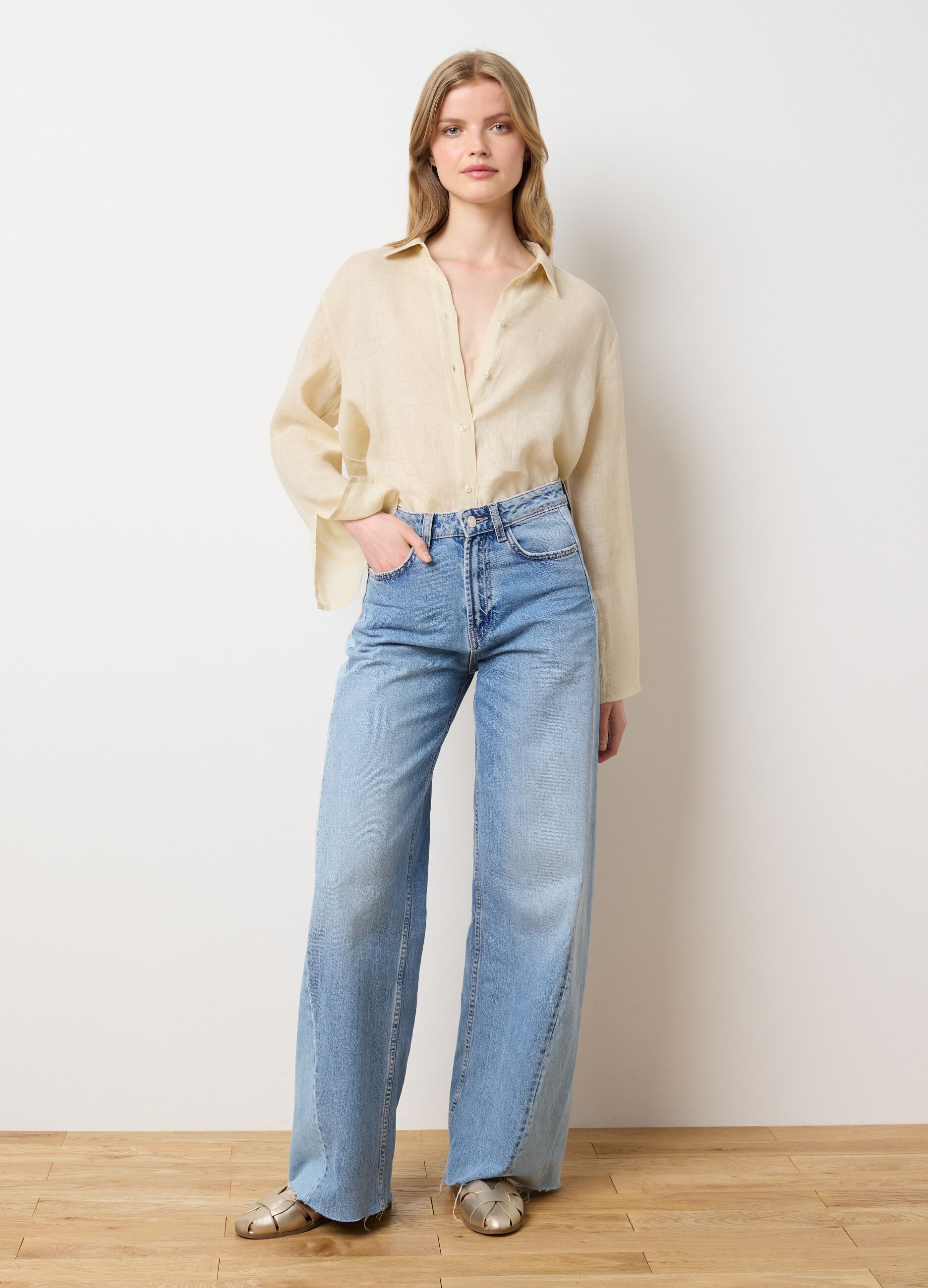 Women's long beige pure linen shirt - oversized