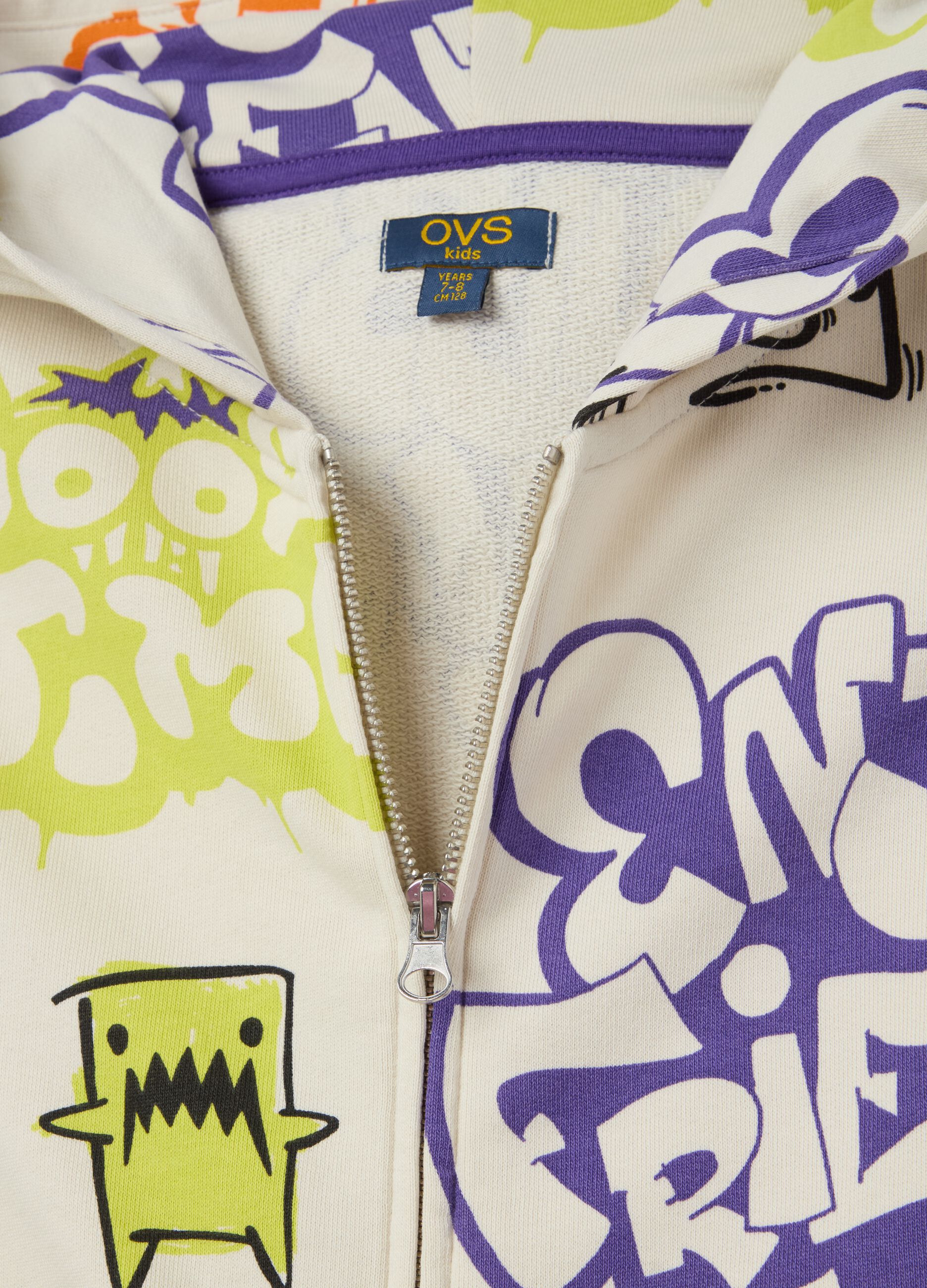 Full-zip sweatshirt with hood and graffiti-style monsters print
