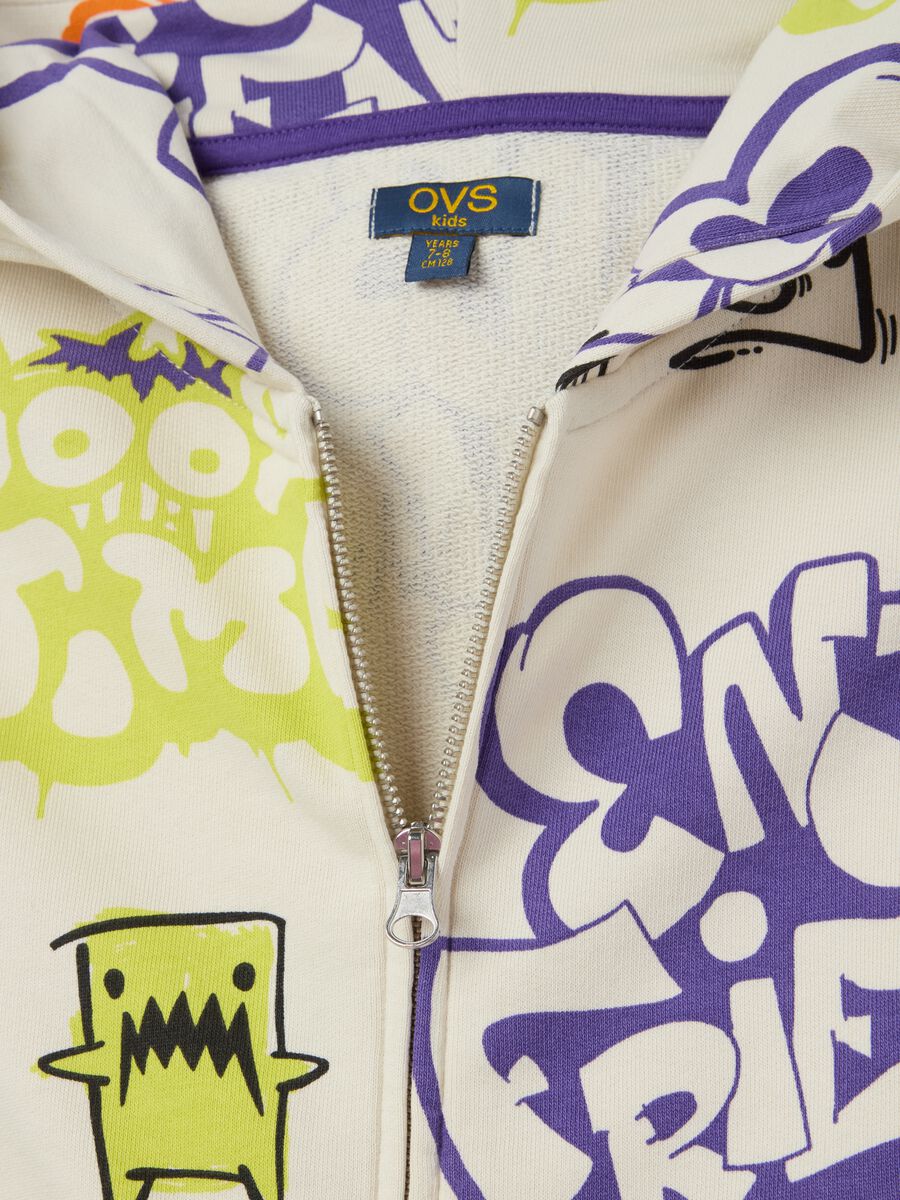 Full-zip sweatshirt with hood and graffiti-style monsters print_3