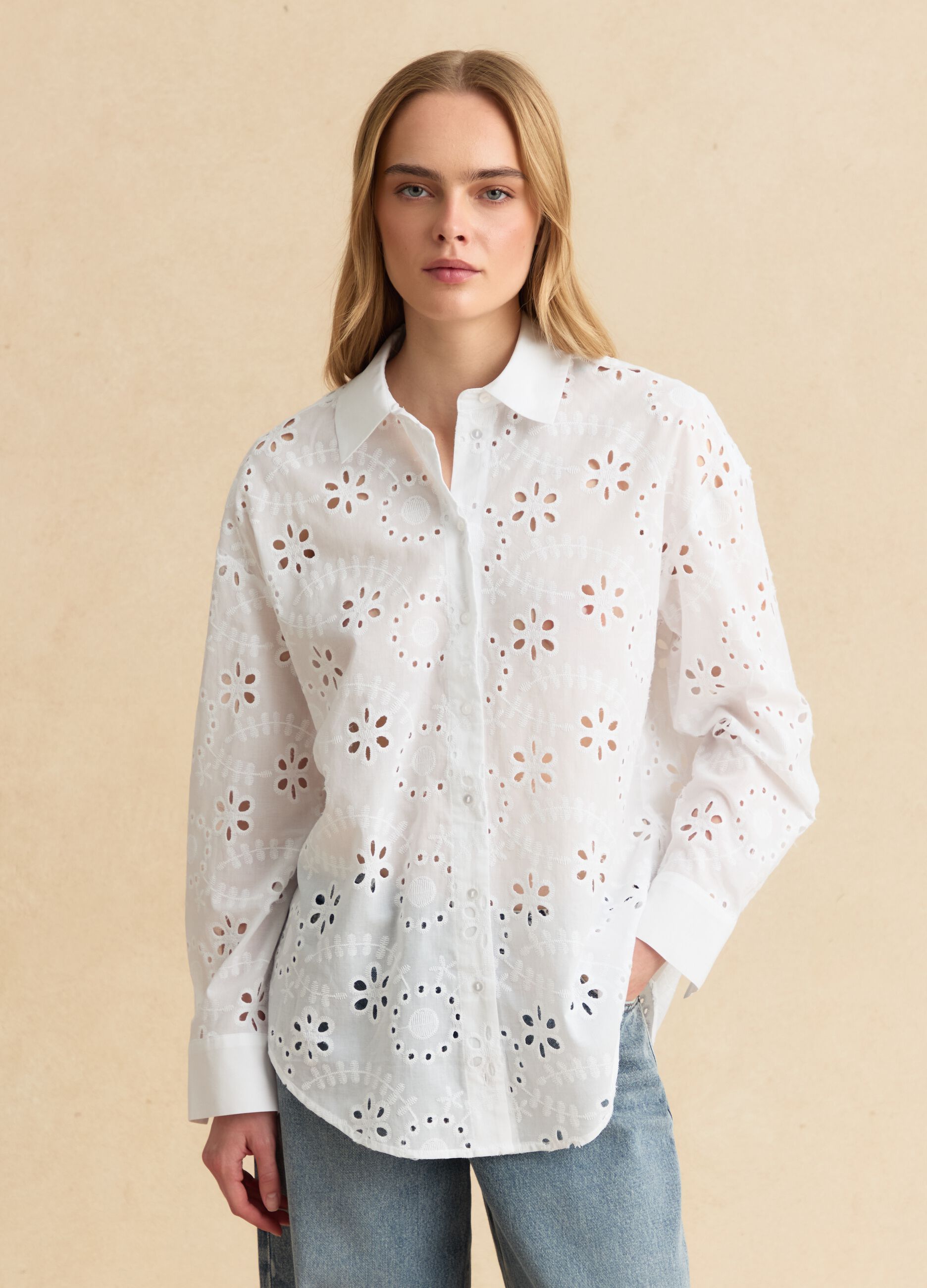 White pure cotton broderie anglaise shirt