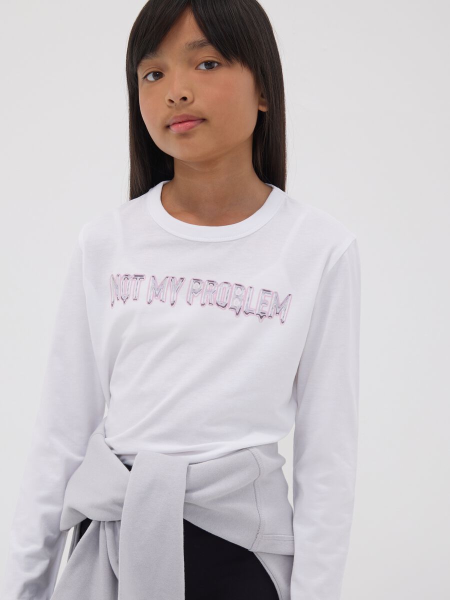 White organic cotton cropped T-shirt with ribbed neckline for girls_2