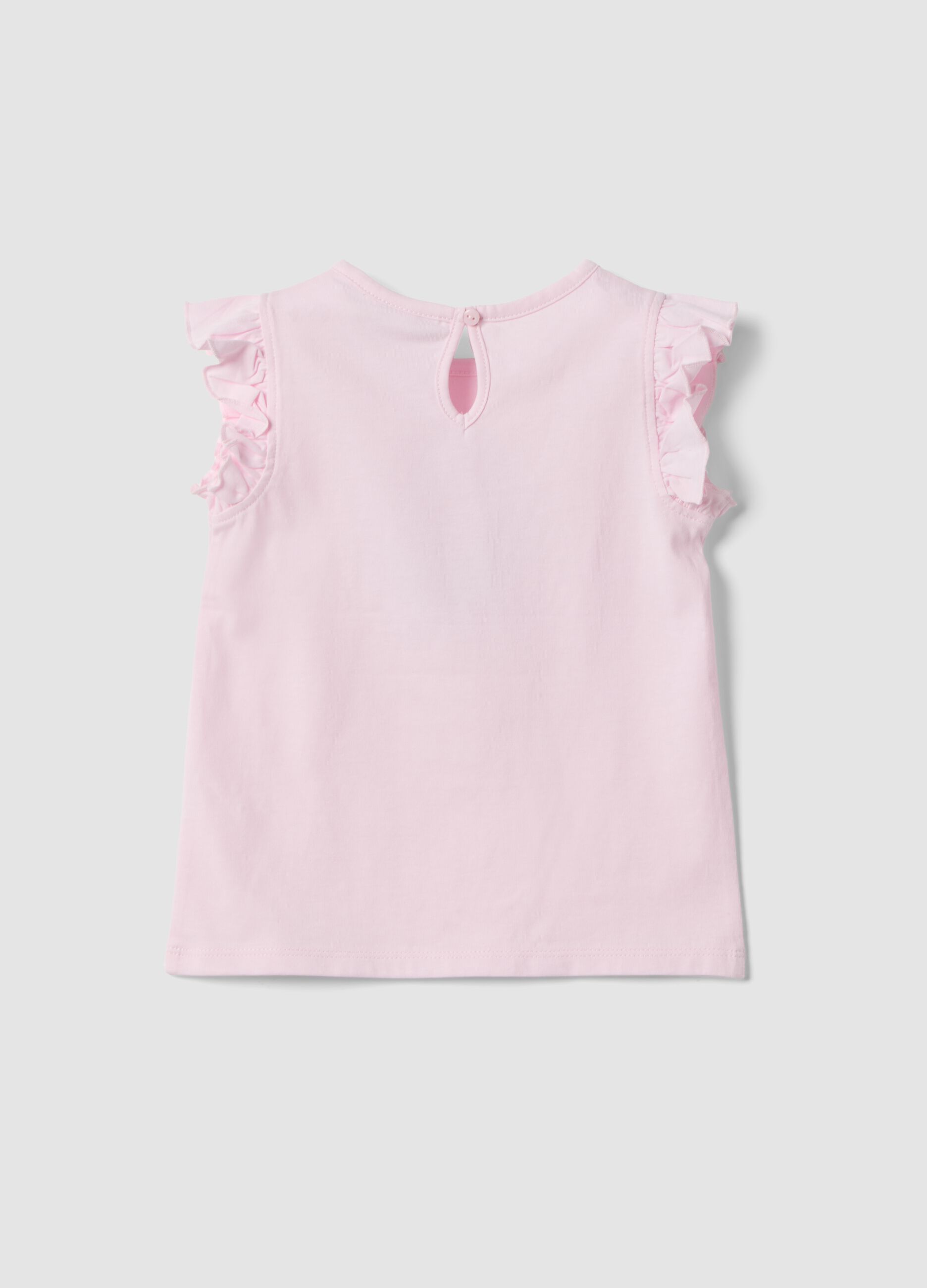 Pink organic cotton girls&rsquo; tank top with print and ruffles