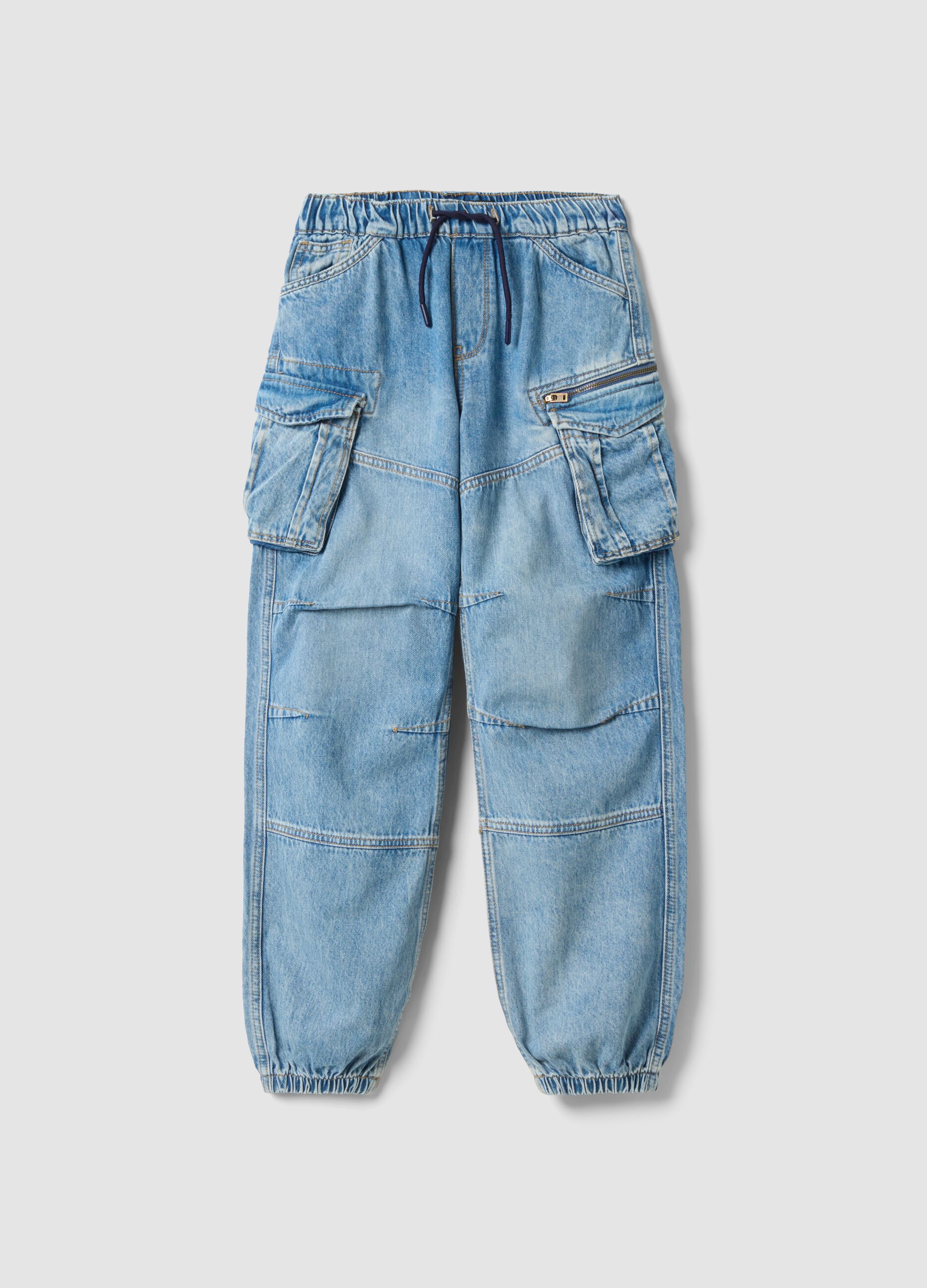 Light blue pure cotton cargo jeans with elasticated waist, relaxed fit
