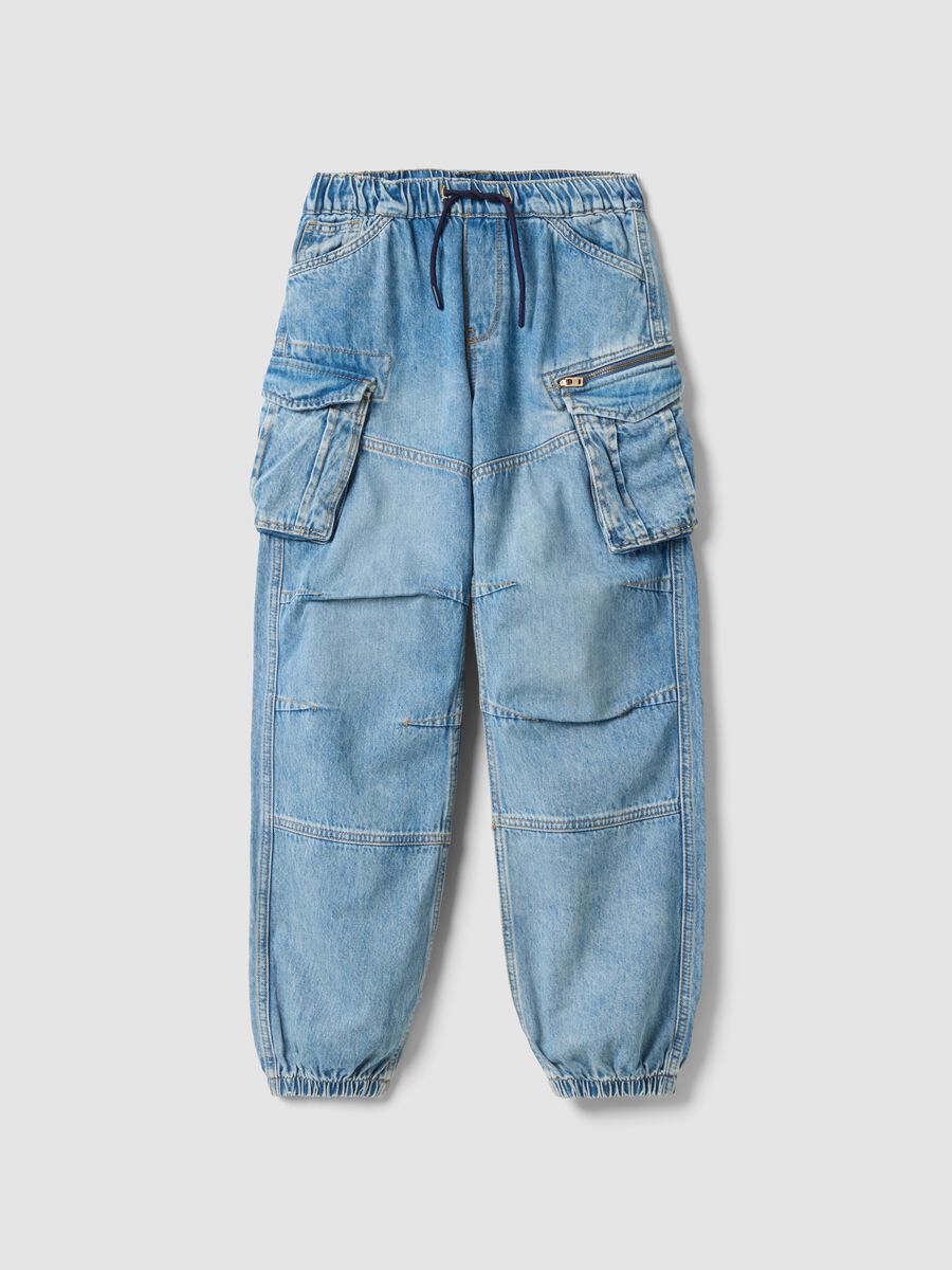 Light blue pure cotton cargo jeans with elasticated waist, relaxed fit_3