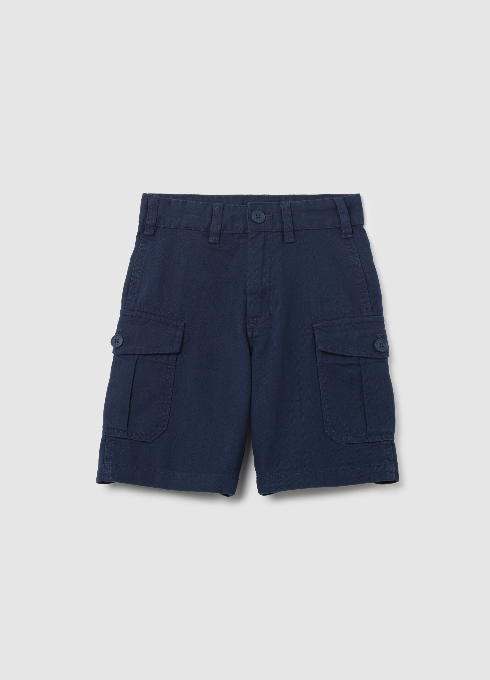 Children's blue regular fit cargo bermuda shorts made of pure cotton with side pockets