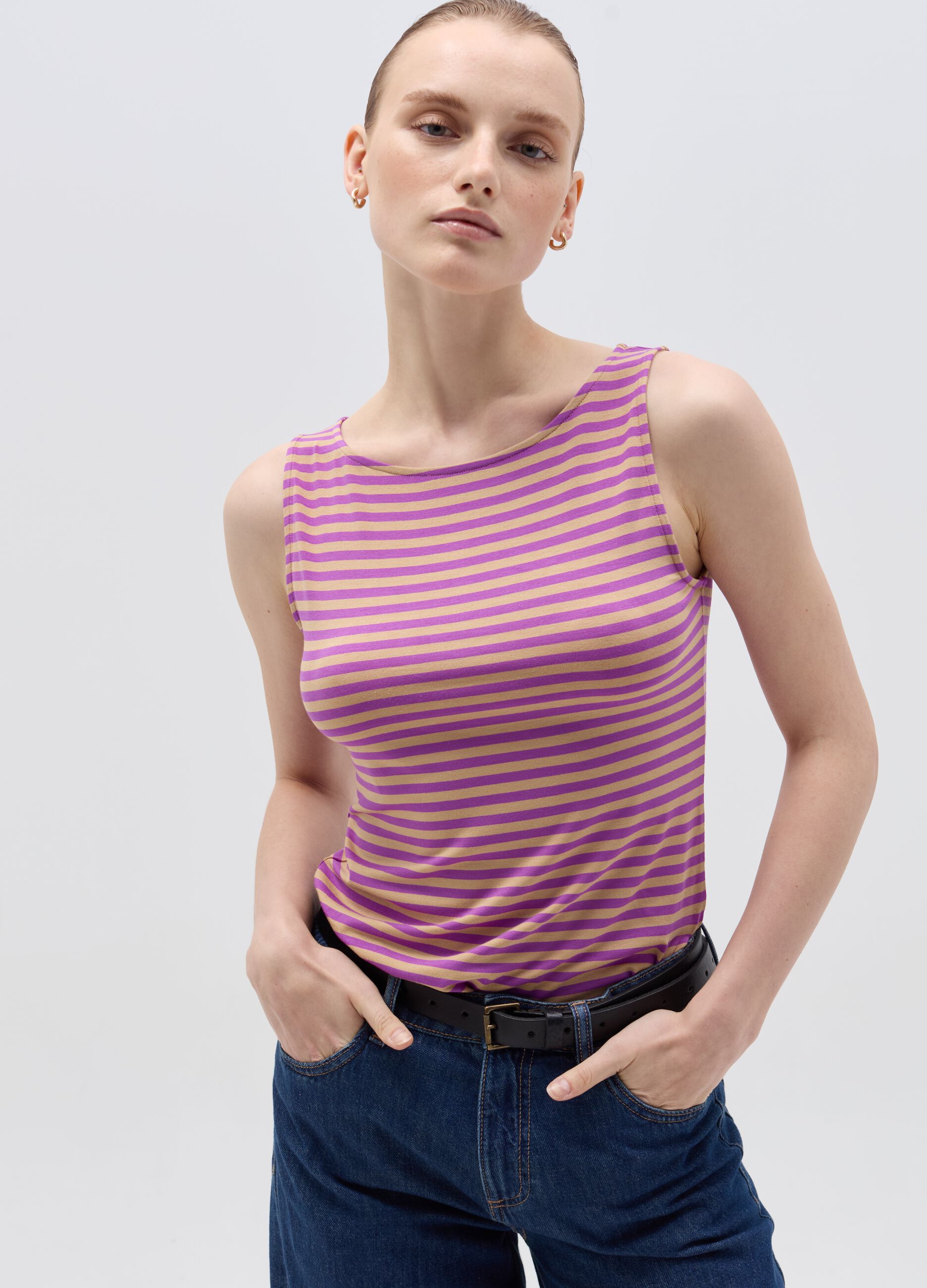 Tank top in viscosa stretch a righe