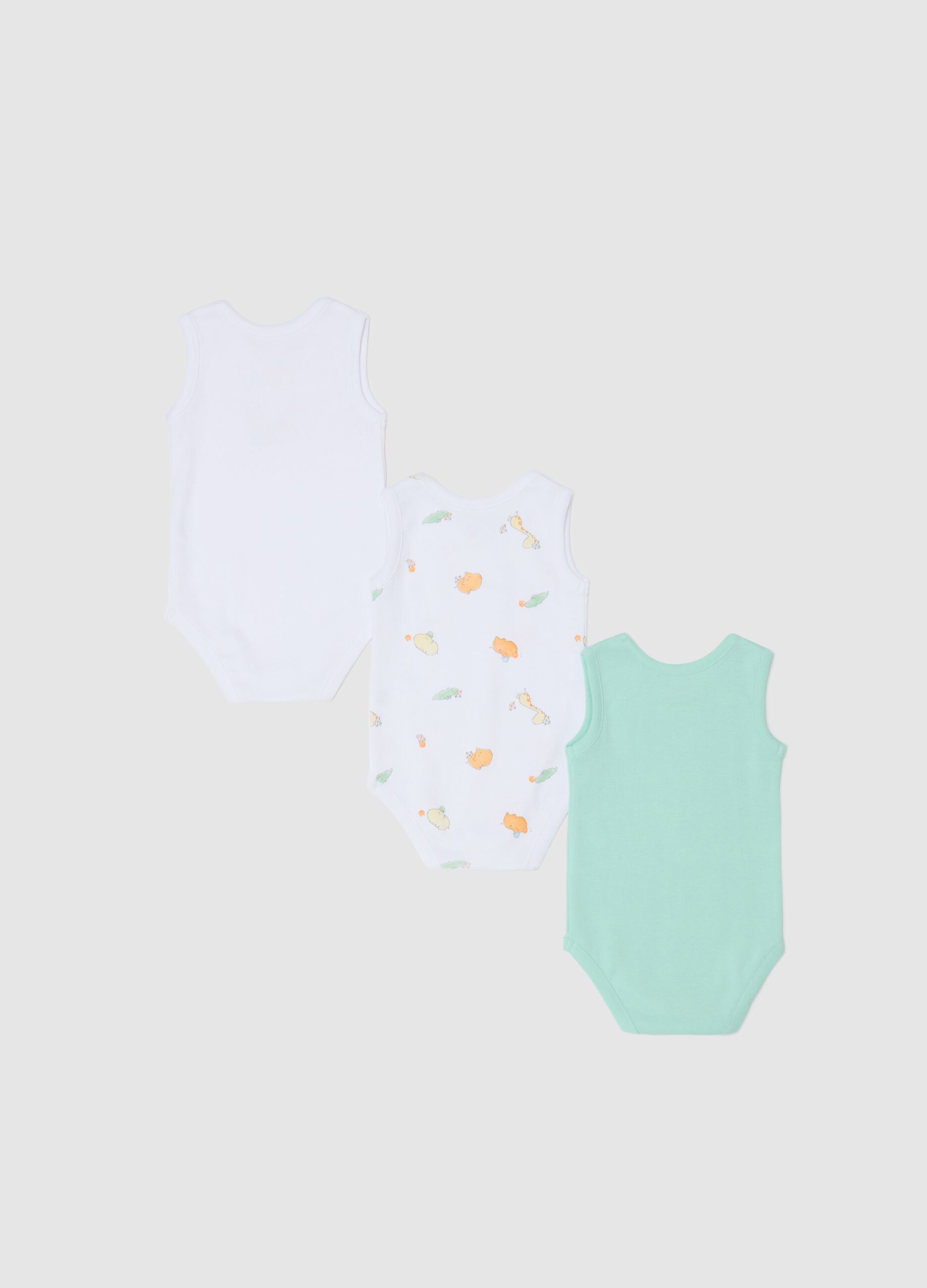 Three-pack white and green sleeveless bodysuits in organic cotton with print