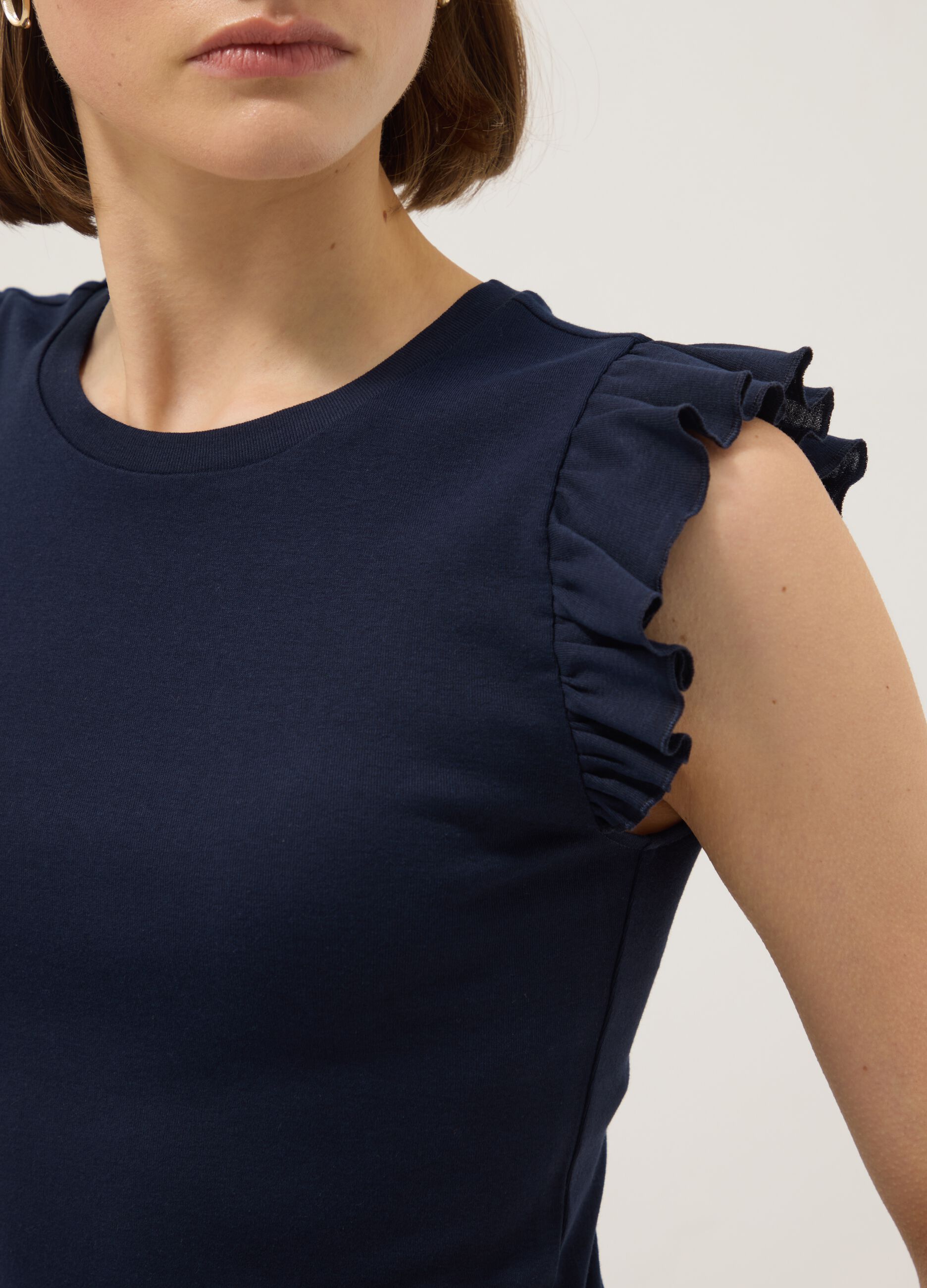 Slim fit blue pure cotton T-shirt with ruffles