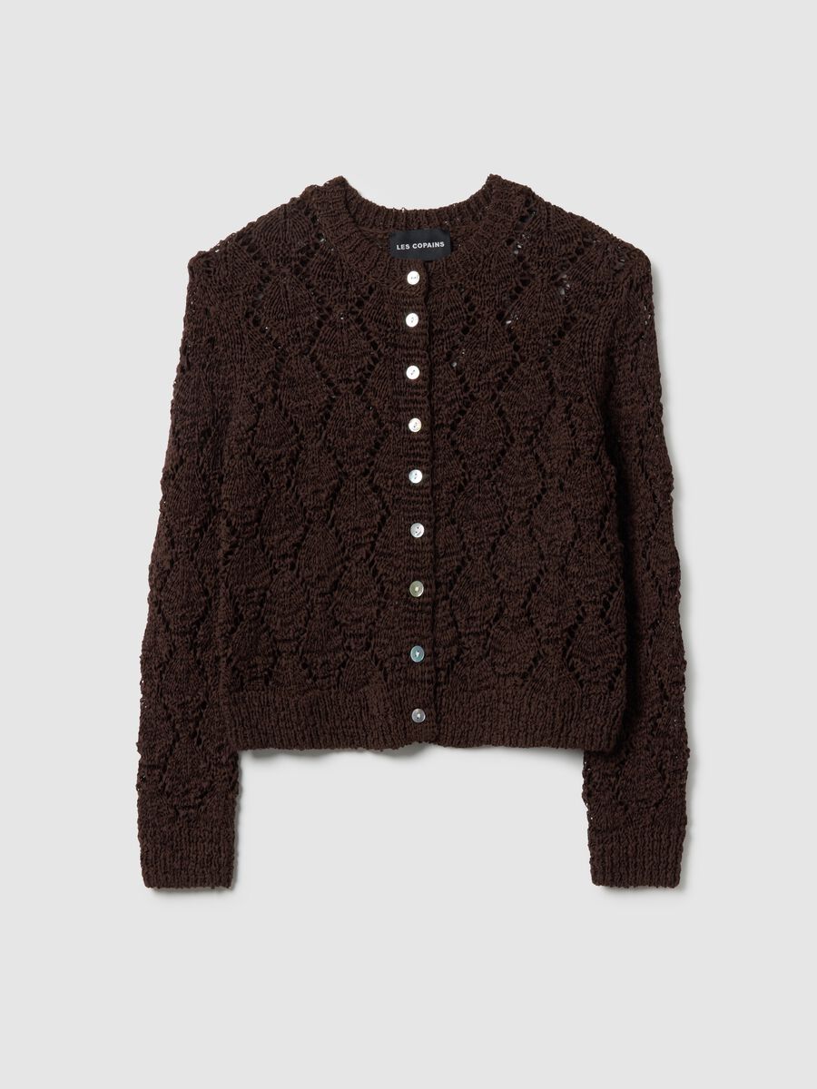 Brown cotton blend cardigan with regular fit and knitted design_0