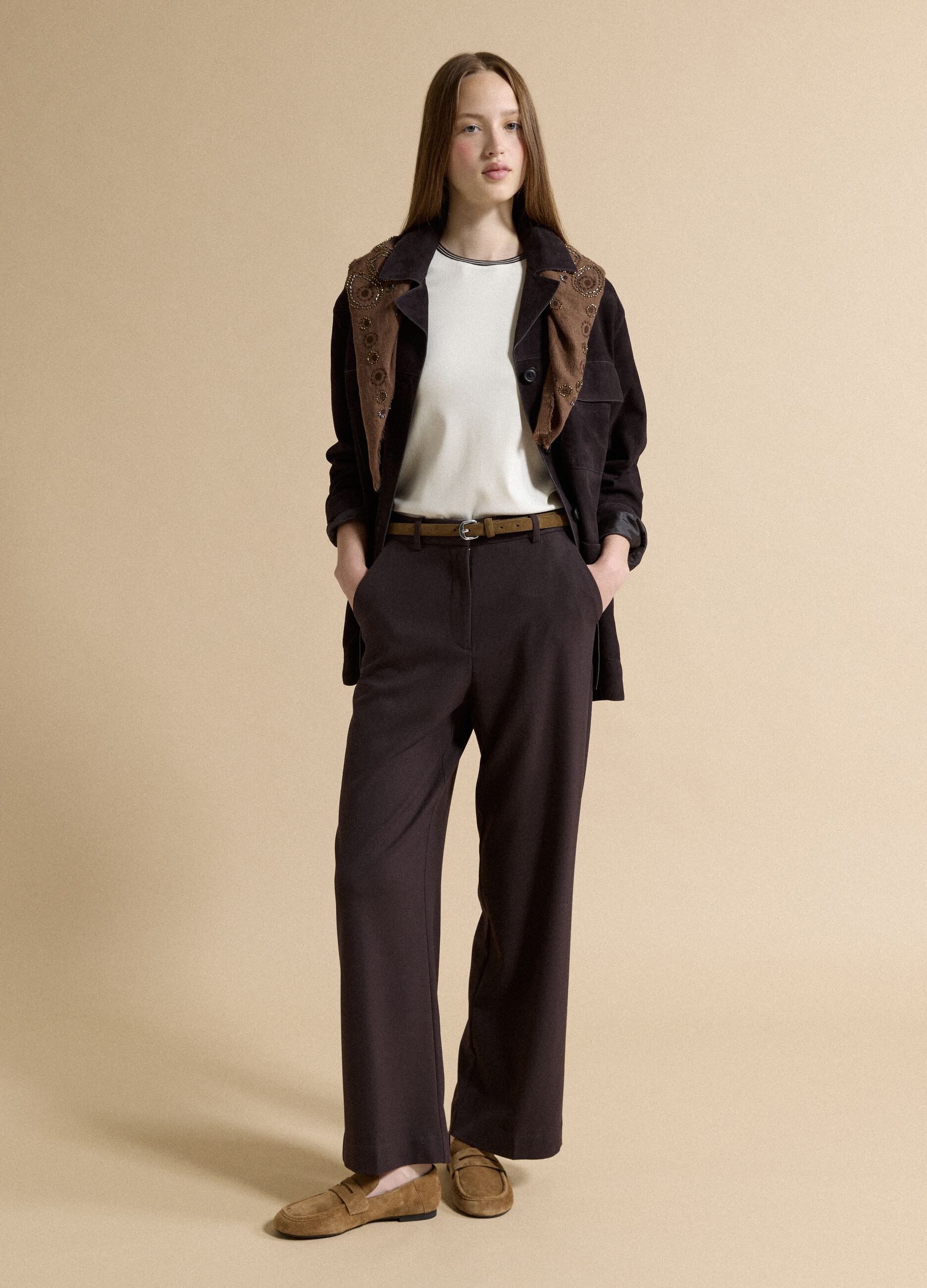 Brown flared formal trousers in stretch viscose