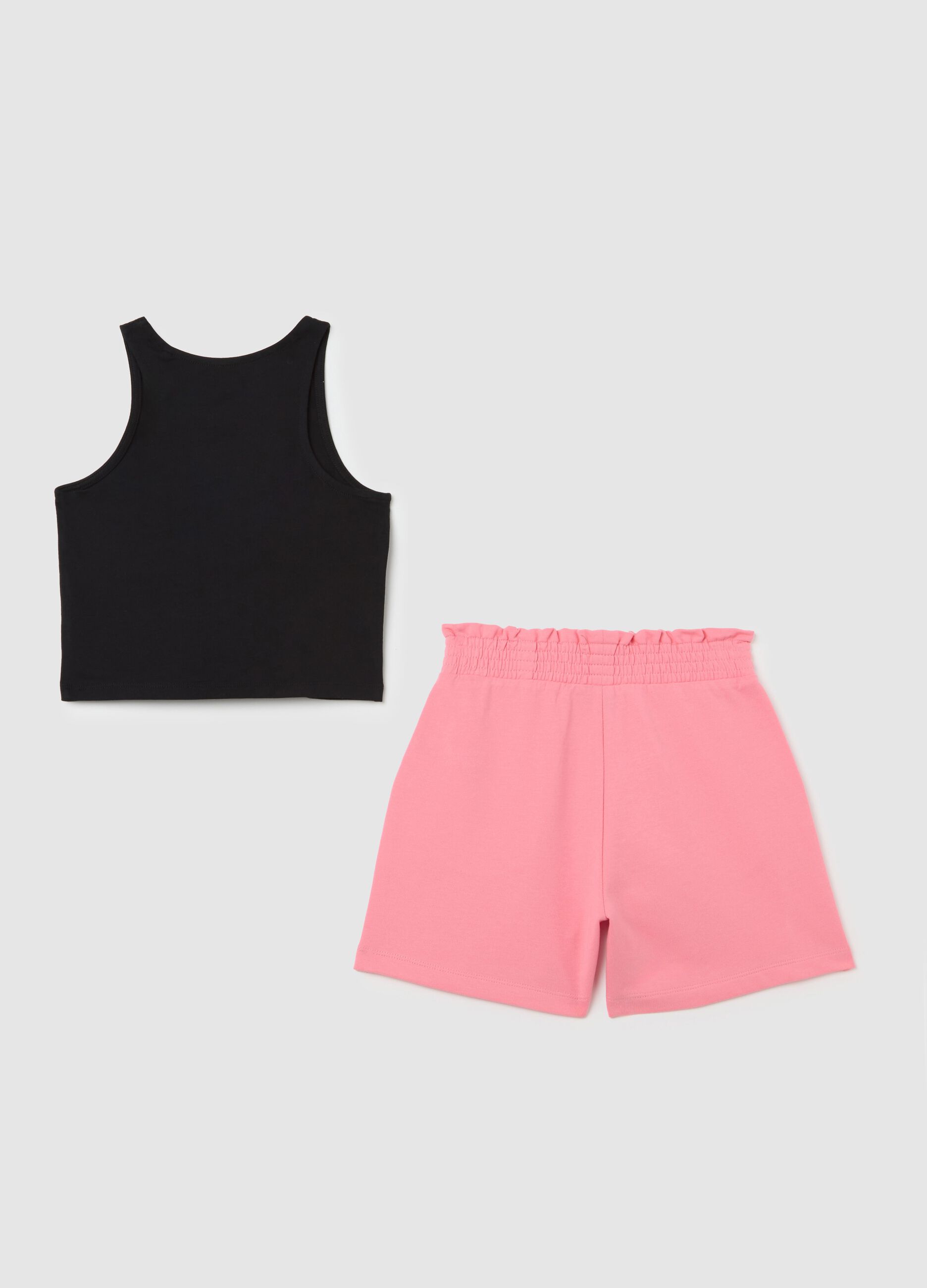 Completo jogging nero e rosa in cotone con stampa 