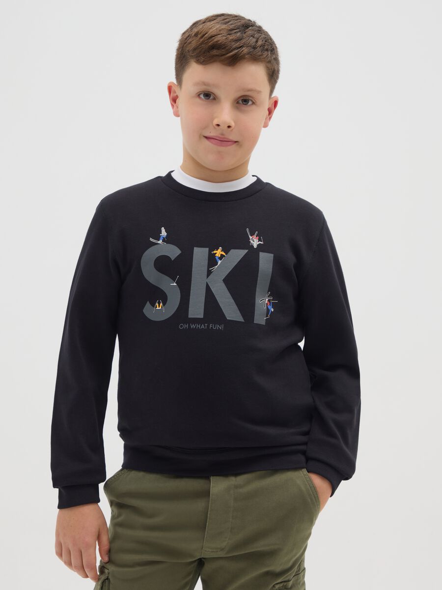 Boys' Black Sweatshirt in Pure Cotton Regular Fit with SKI Print_0