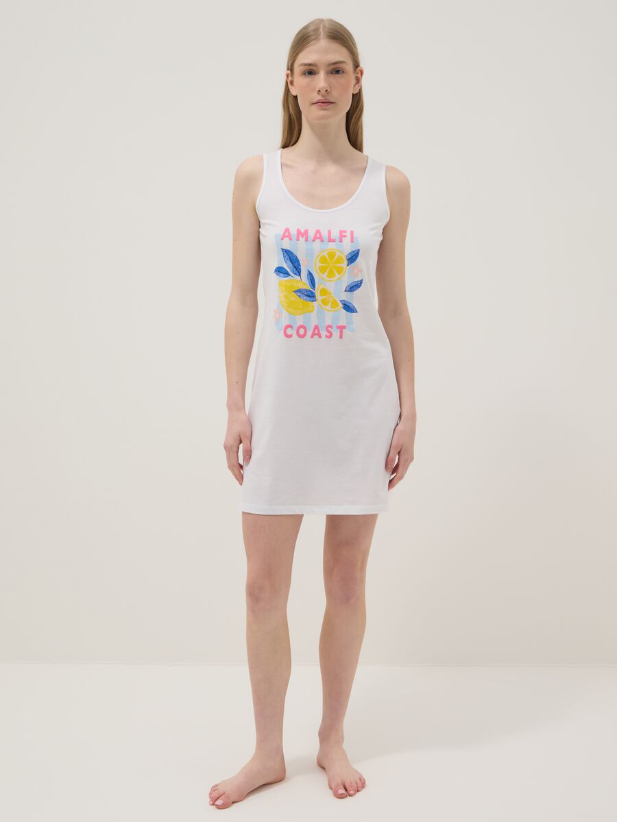 Sleeveless white pure cotton nightdress with print_0