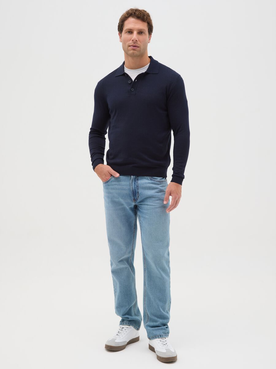 Blue long-sleeve polo in cotton and silk blend regular fit_1