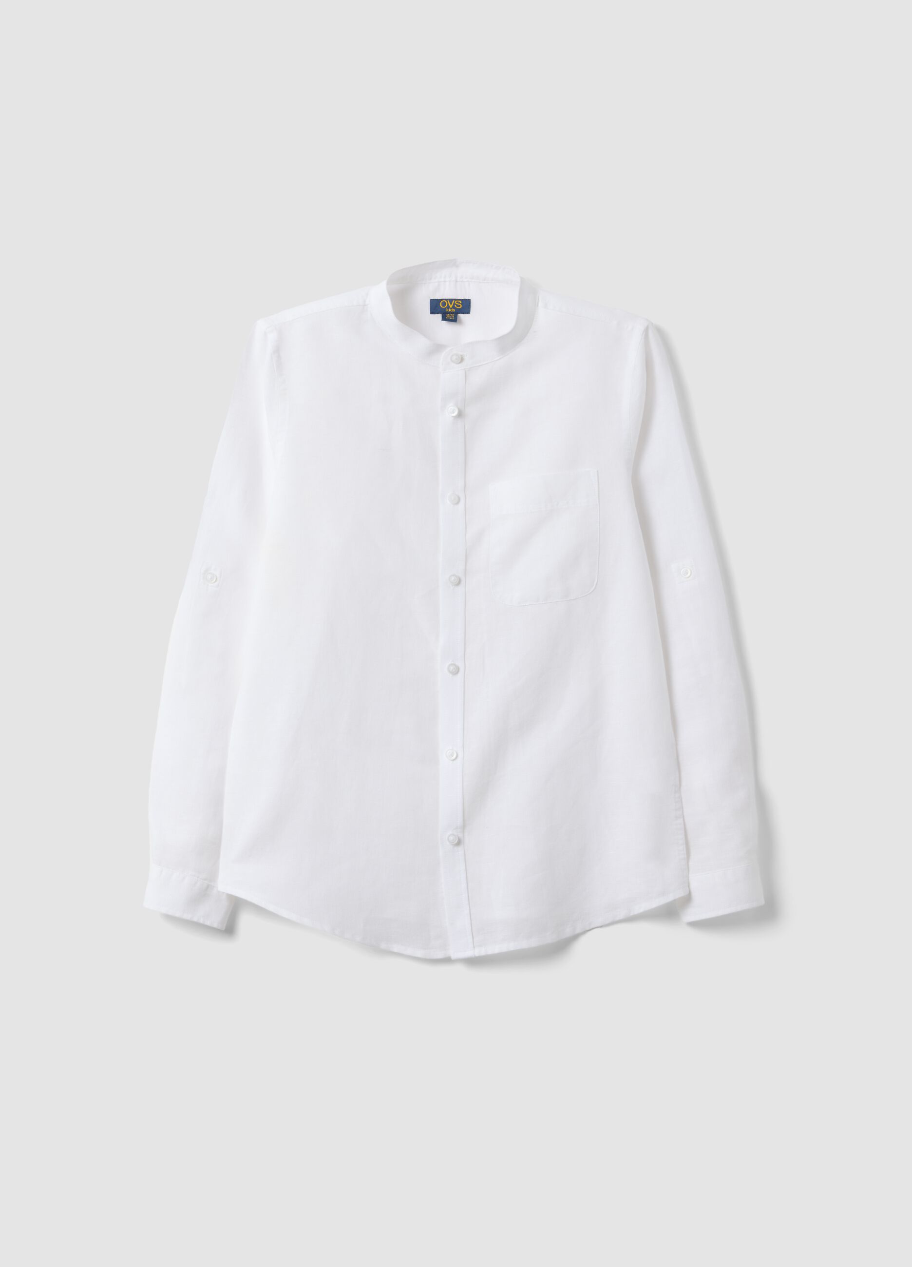 White linen and cotton blend boys&rsquo; shirt with mandarin collar