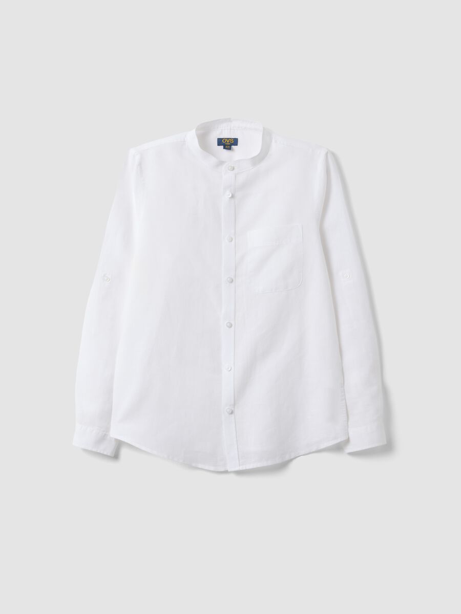 Camicia bianca in misto lino e cotone da ragazzo con collo coreano_0