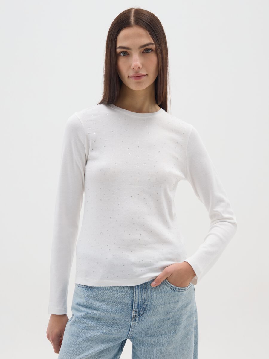 White long-sleeve regular fit pure cotton top with rhinestones_0