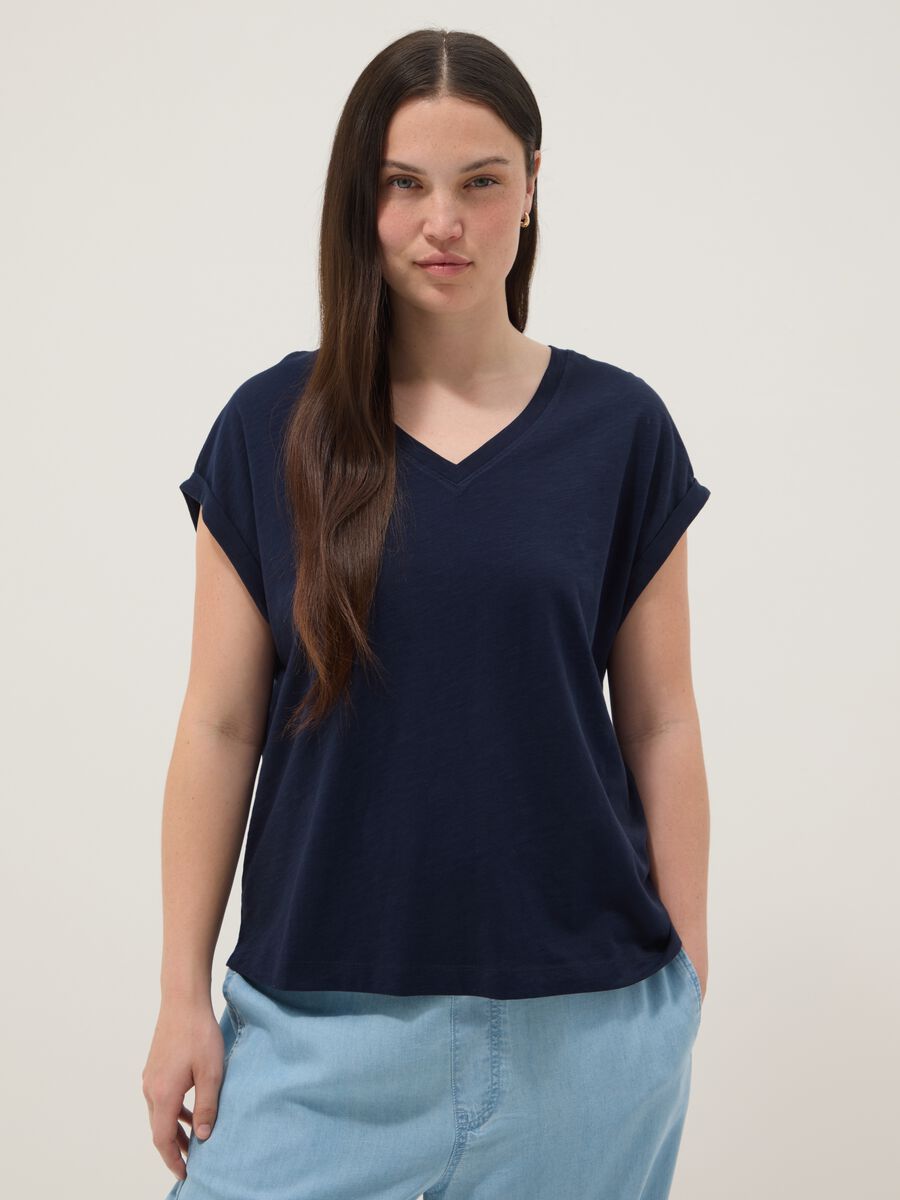 Short-sleeve pure cotton blue V-neck regular fit T-shirt_1
