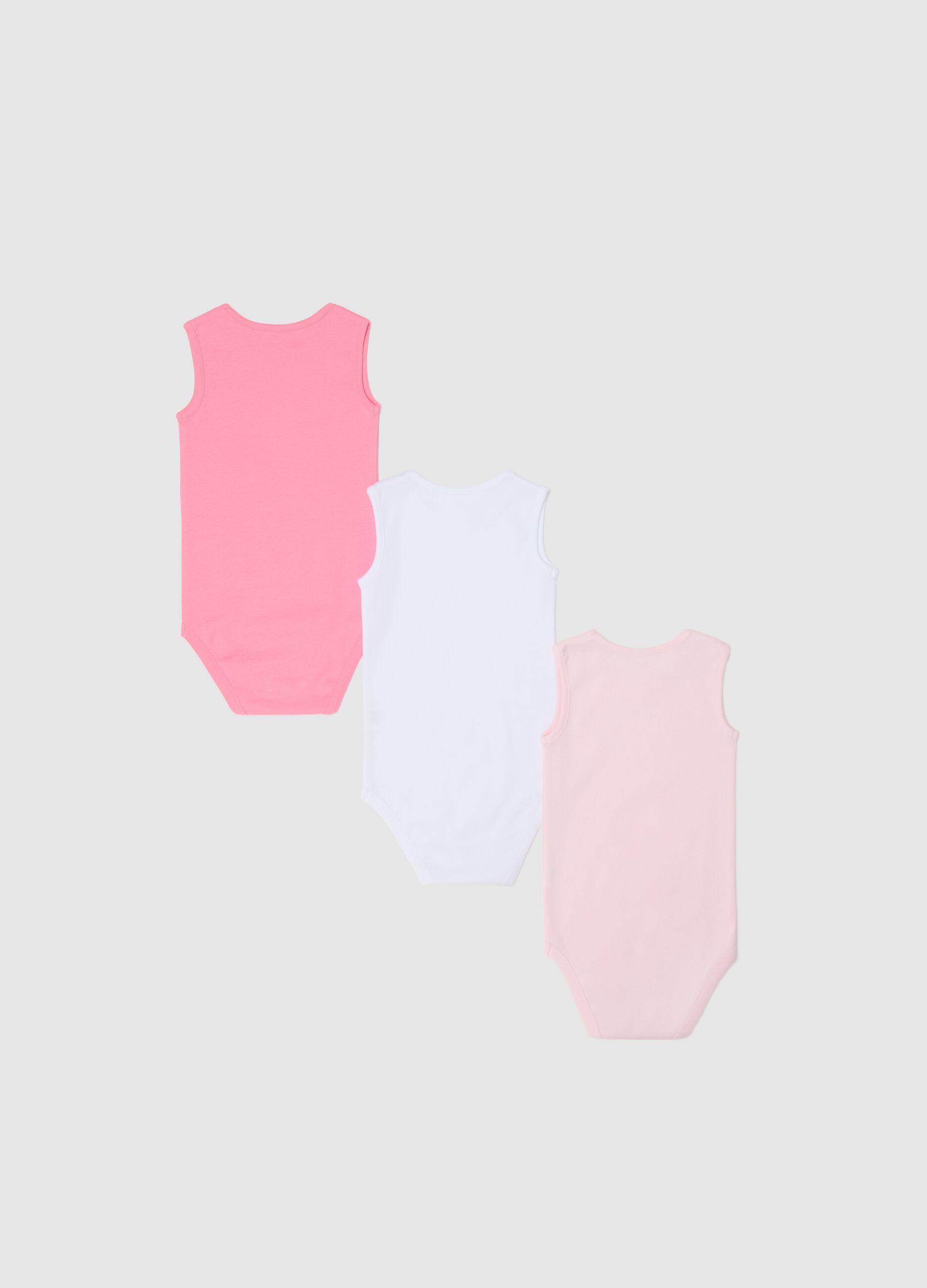 Three-pack pink and white sleeveless bodysuits in organic cotton