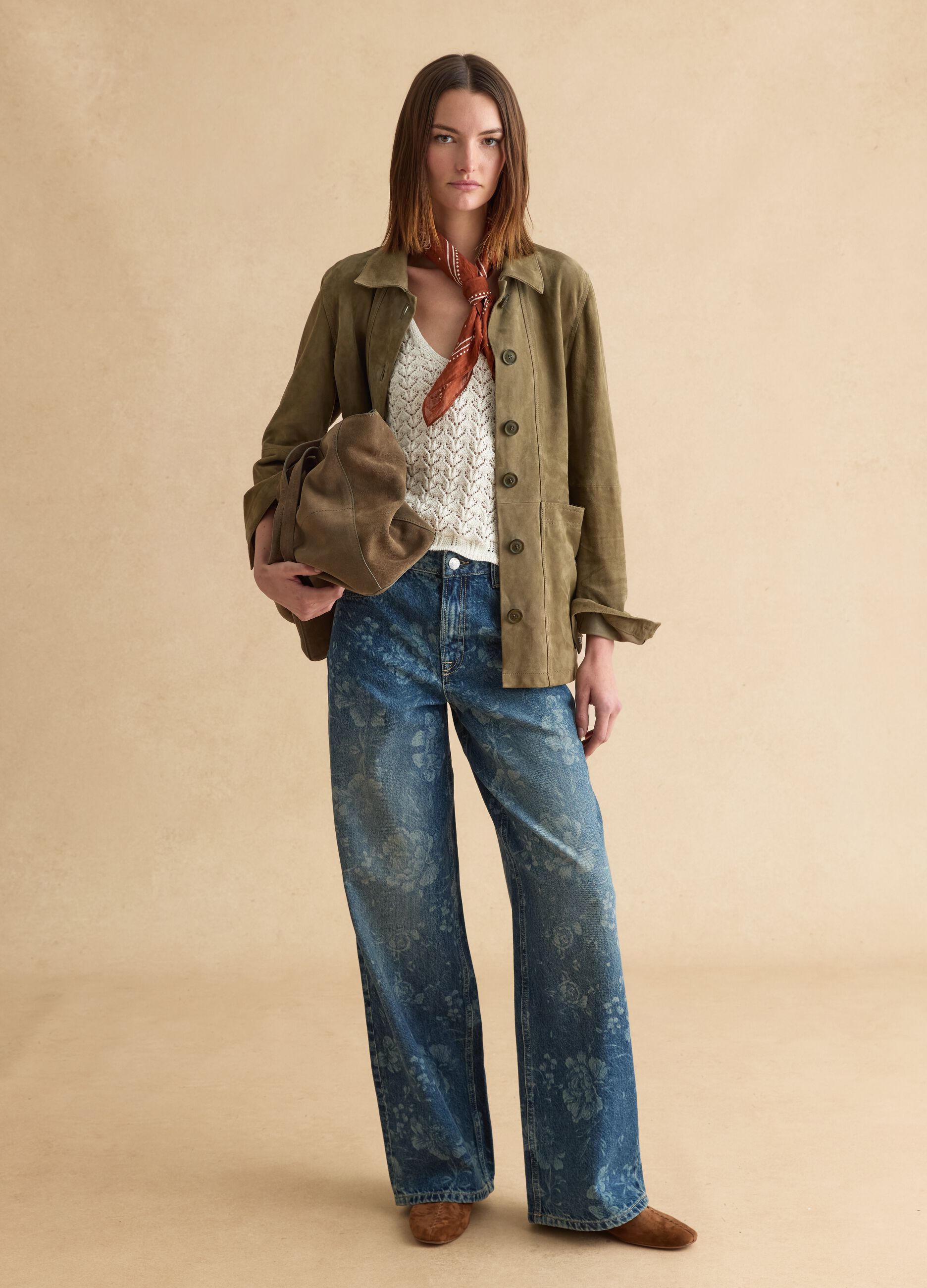 Wide leg blue denim pure cotton jeans with floral design