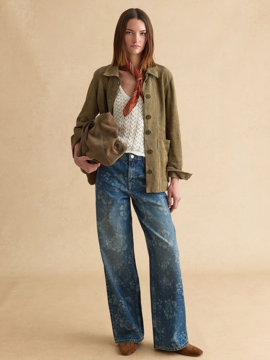 Wide leg blue denim pure cotton jeans with floral design_0