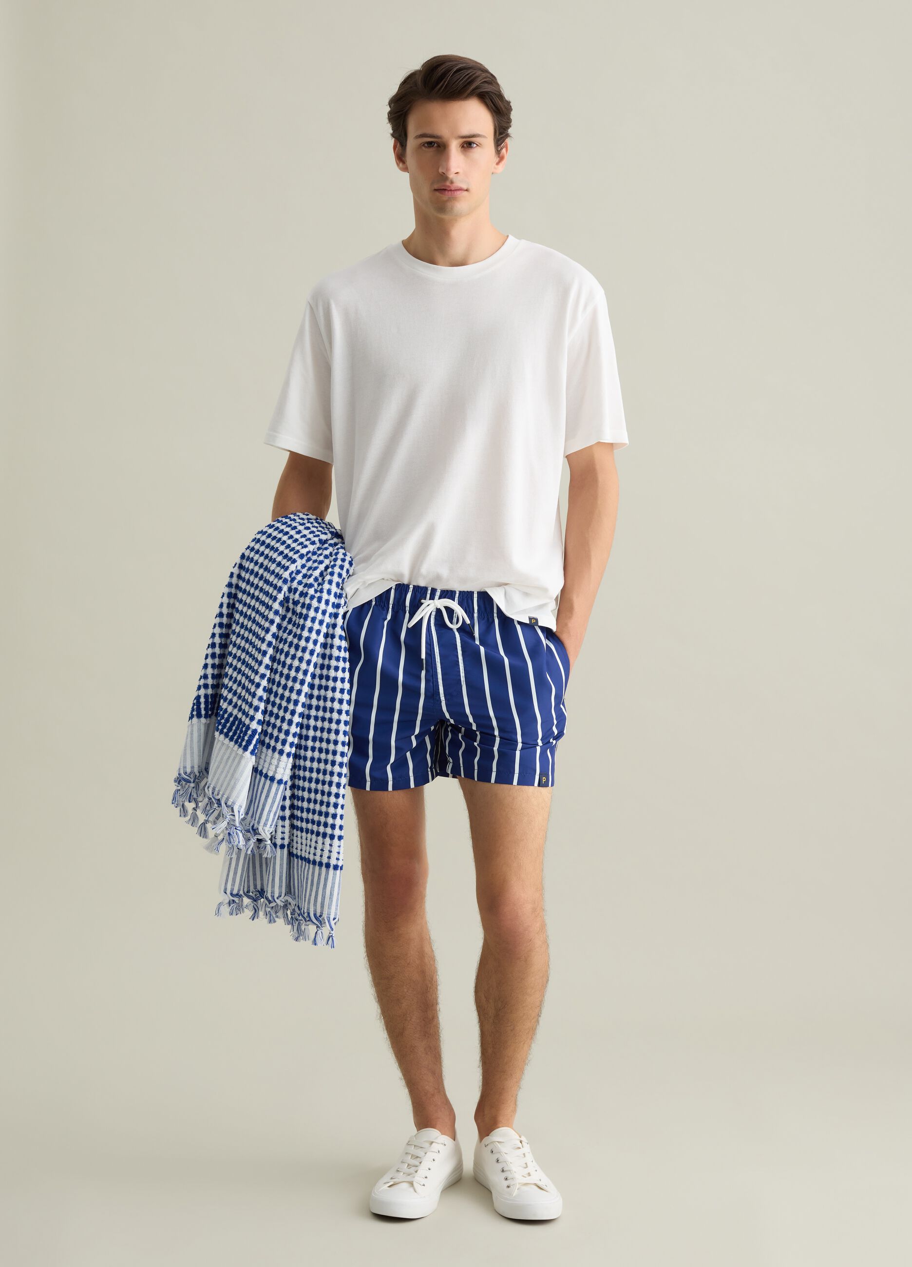 Blue and White Striped Polyester Swim Shorts