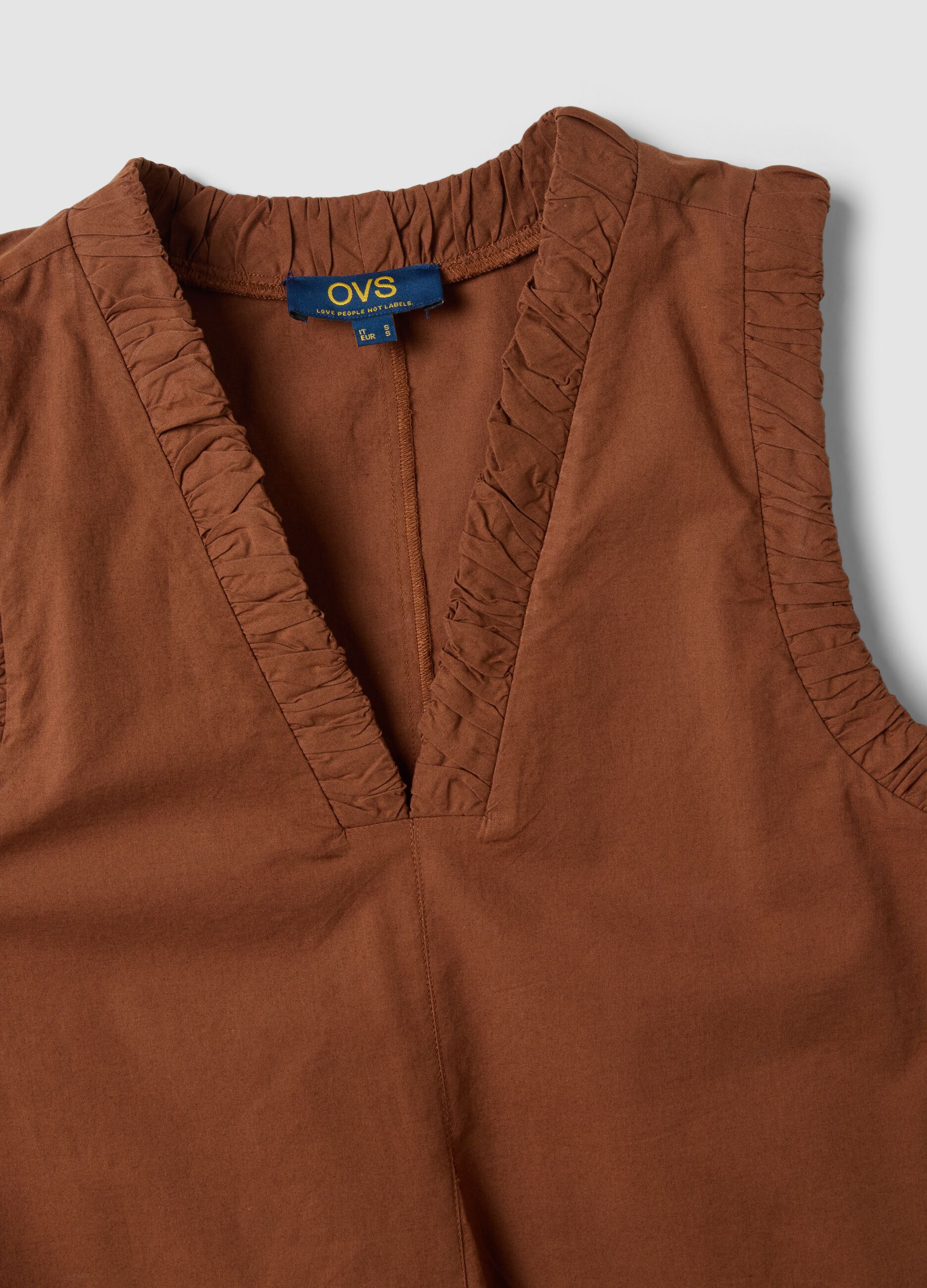 Brown pure cotton regular-fit mini dress with ruched V-neck