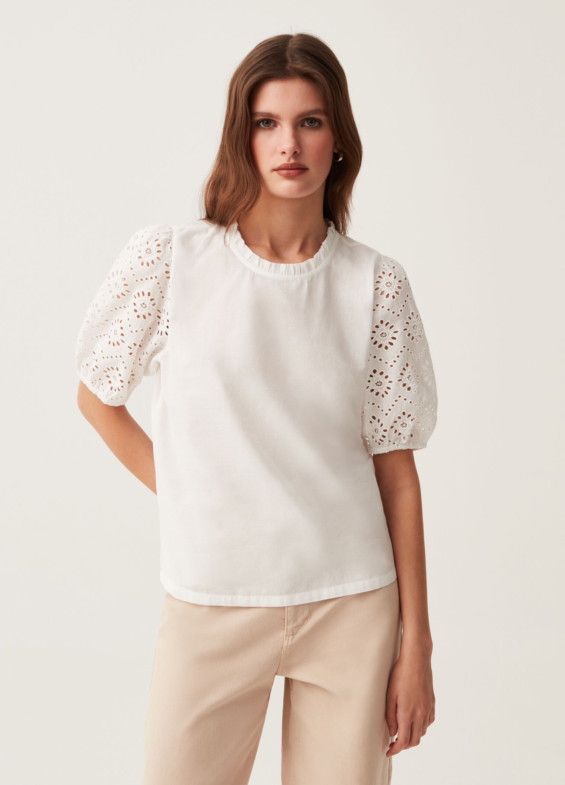 Blouse with broderie anglaise sleeves