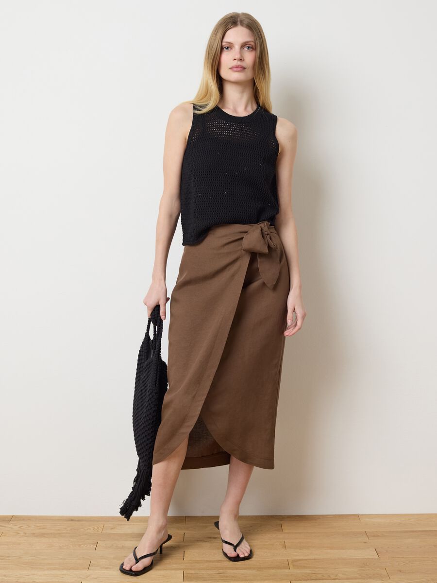Brown wraparound midi skirt with knot_0