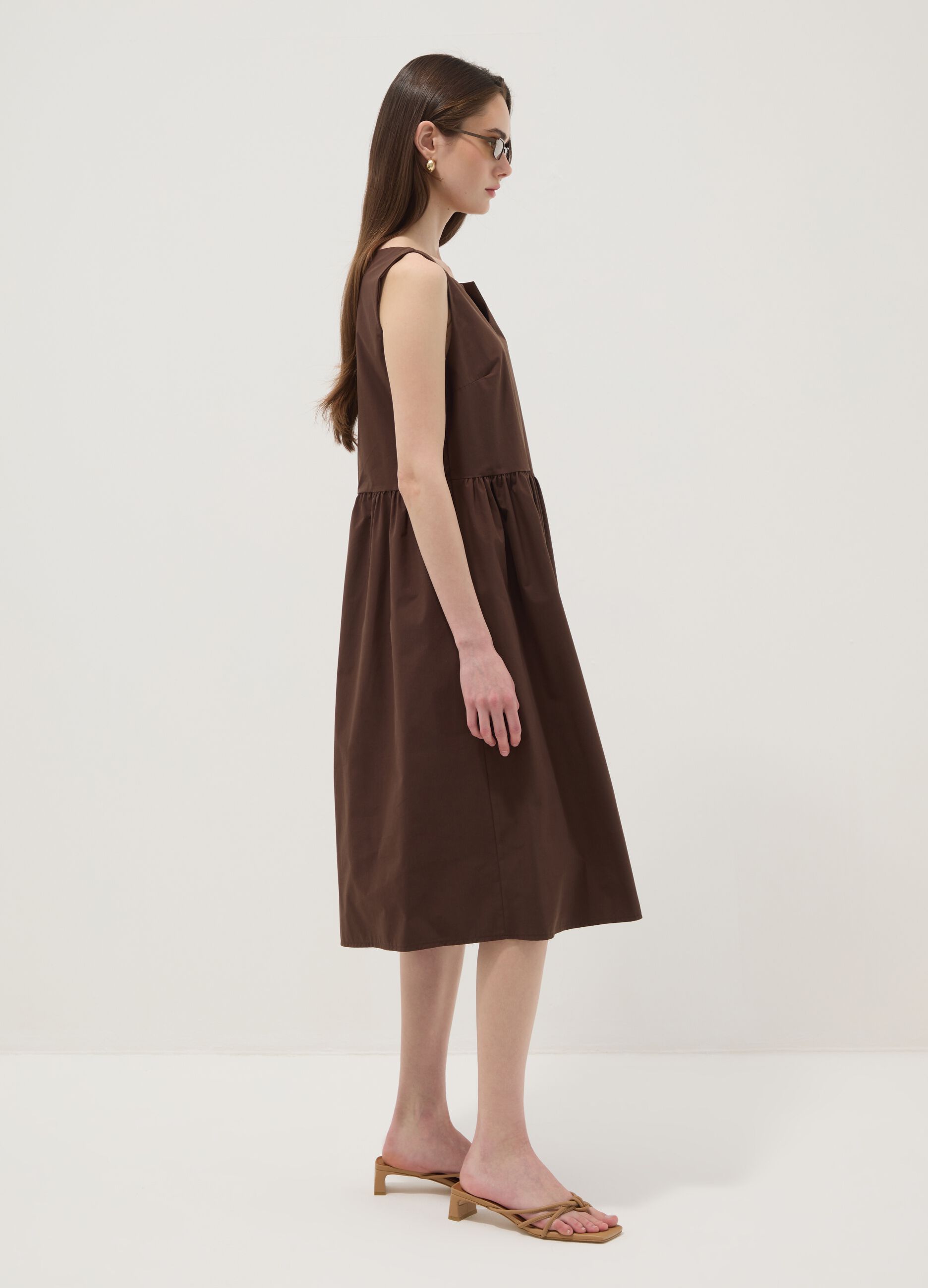 Brown pure cotton midi dress, oversized fit