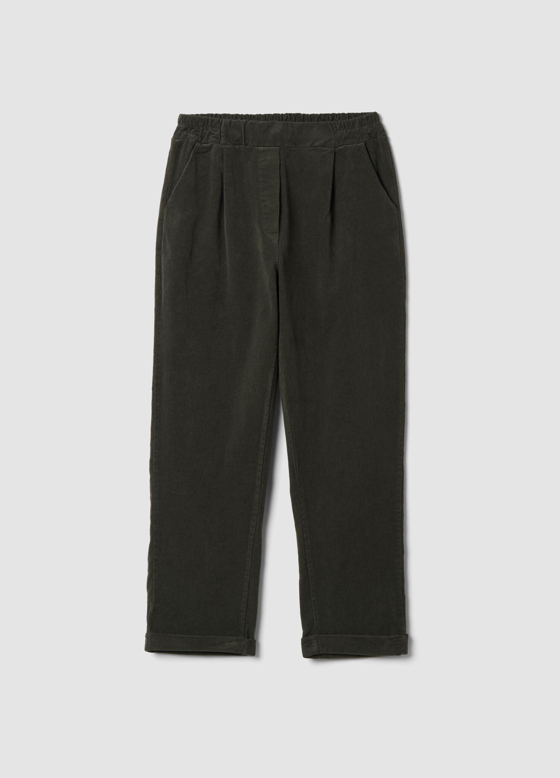 Green ribbed regular-fit stretch-cotton trousers