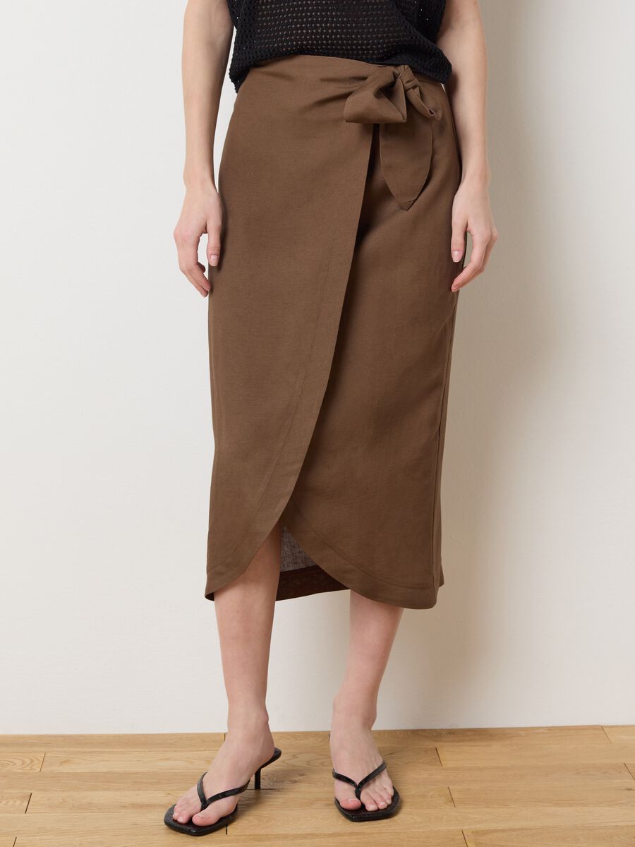 Brown wraparound midi skirt with knot_1