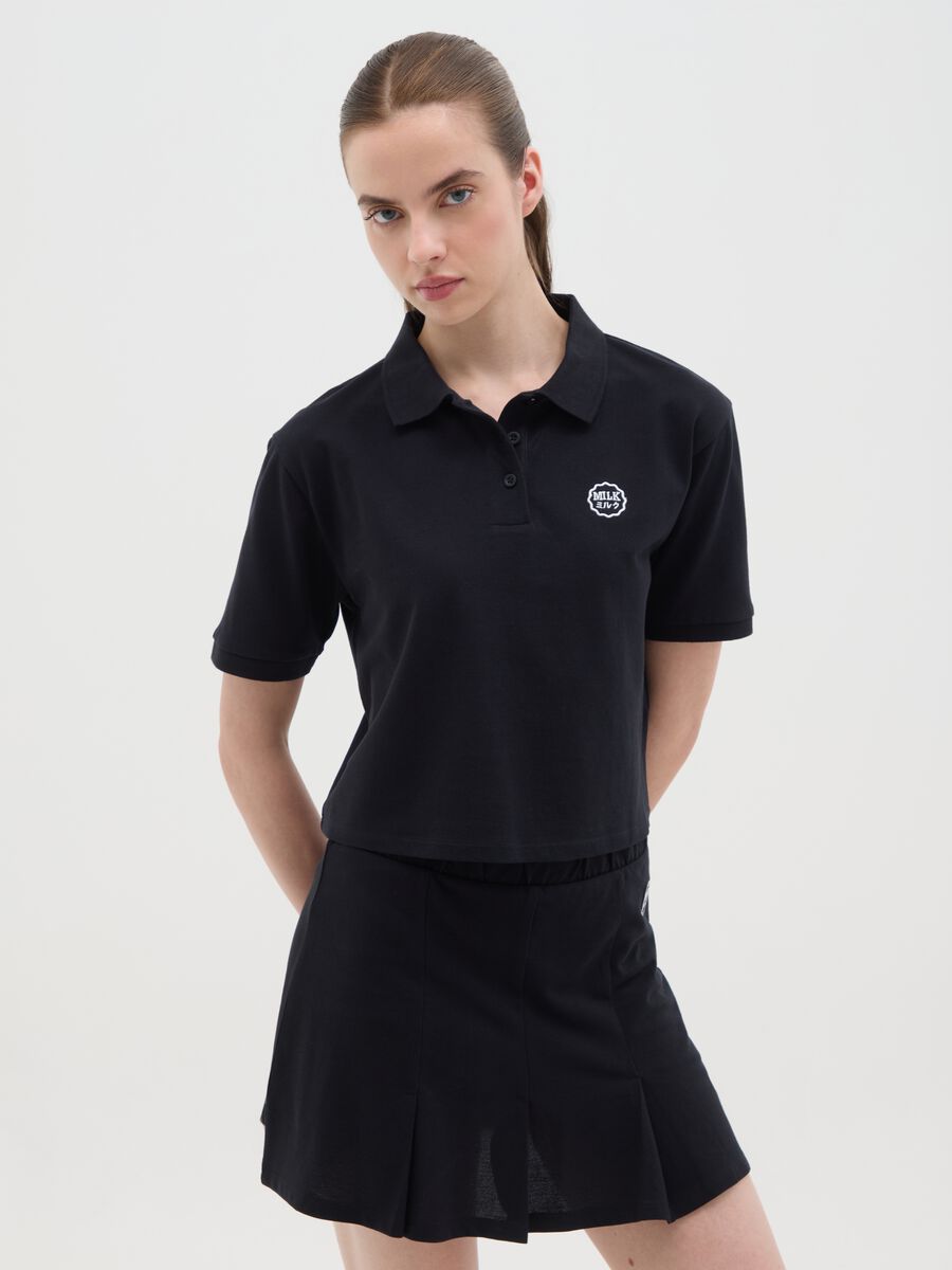 Women's black pure cotton regular fit polo with classic collar and embroidered logo_0