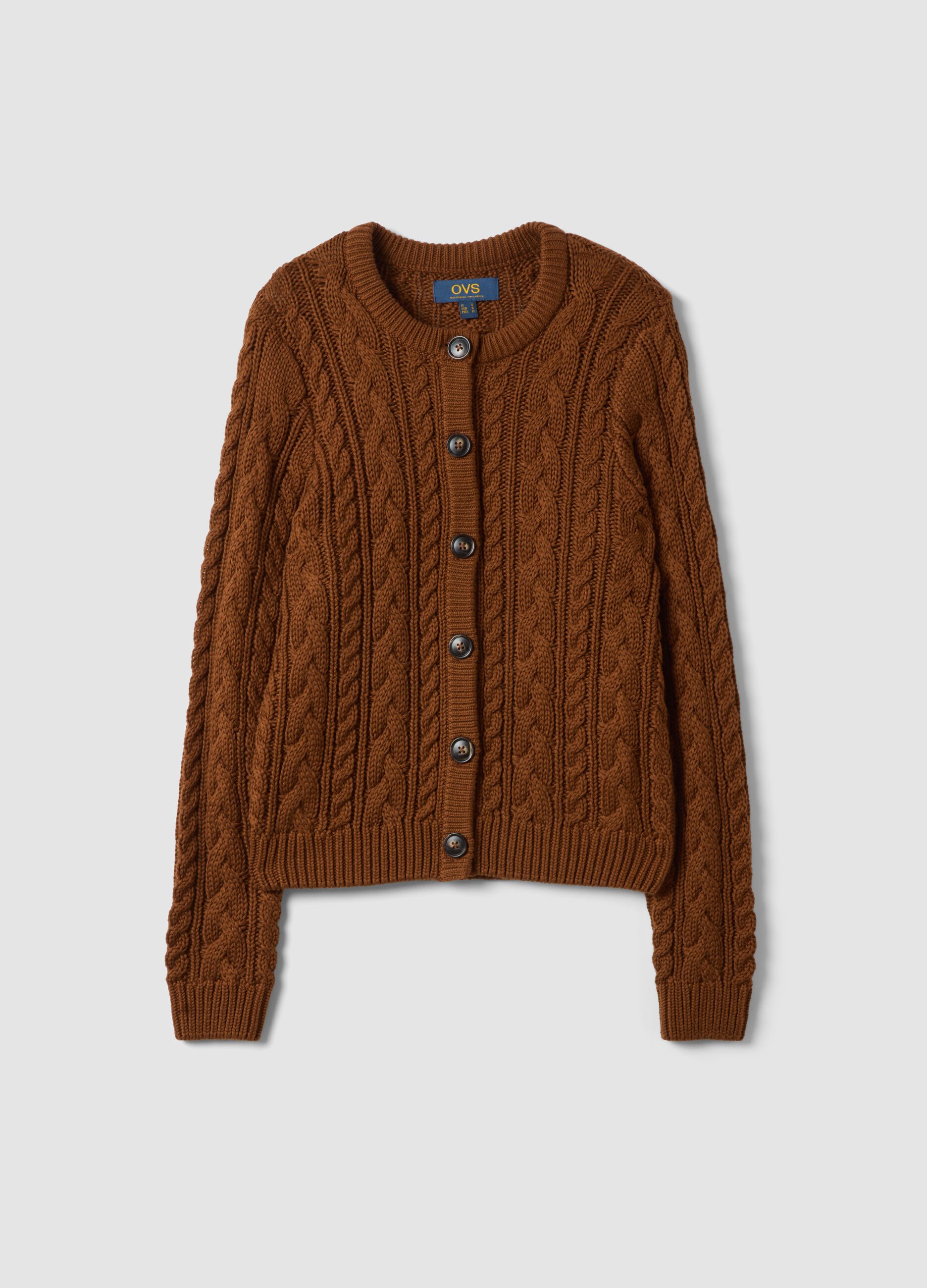 Brown cable-knit cotton-blend cardigan, regular fit