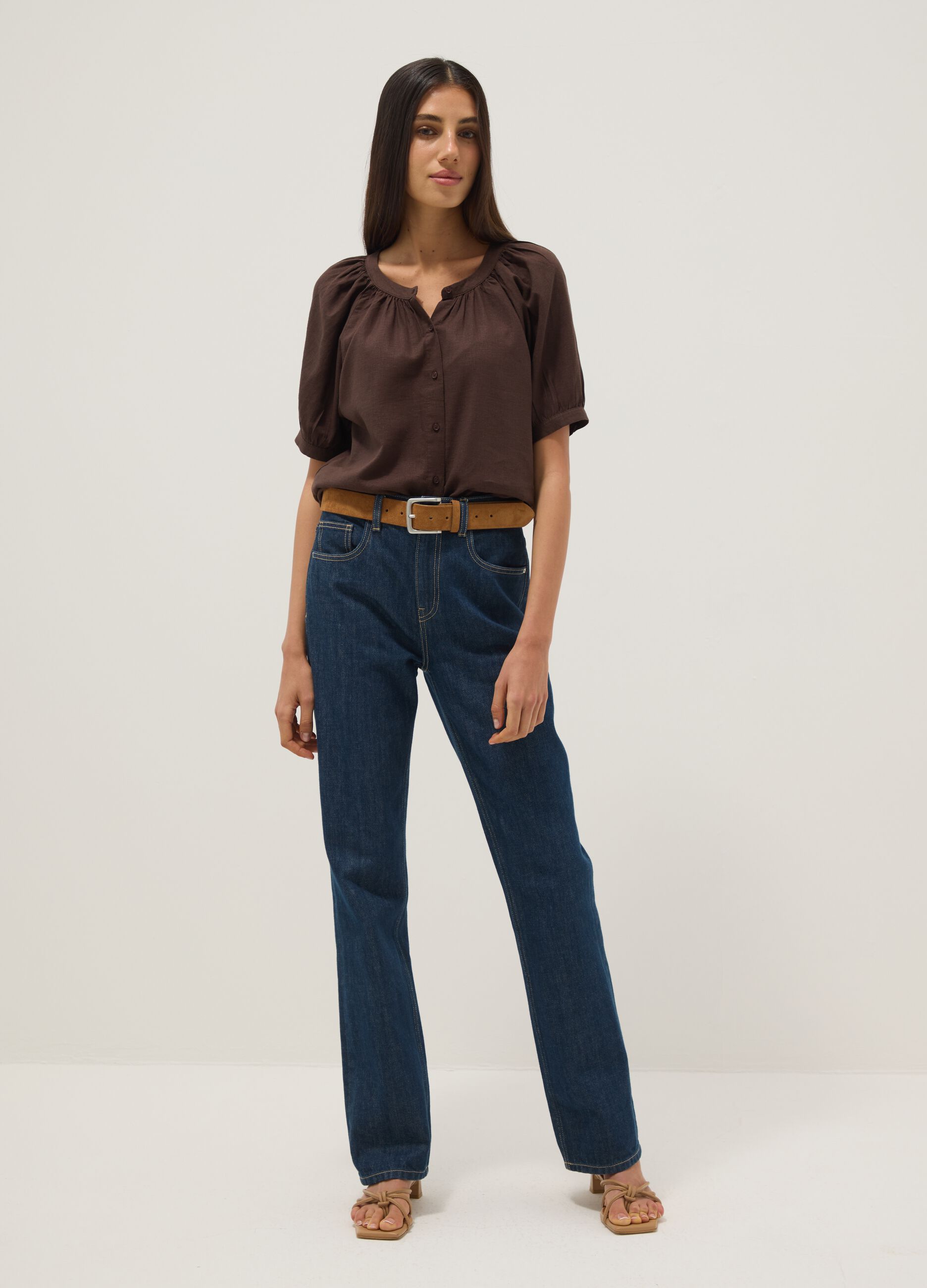 Brown linen blend regular fit shirt with Mandarin collar