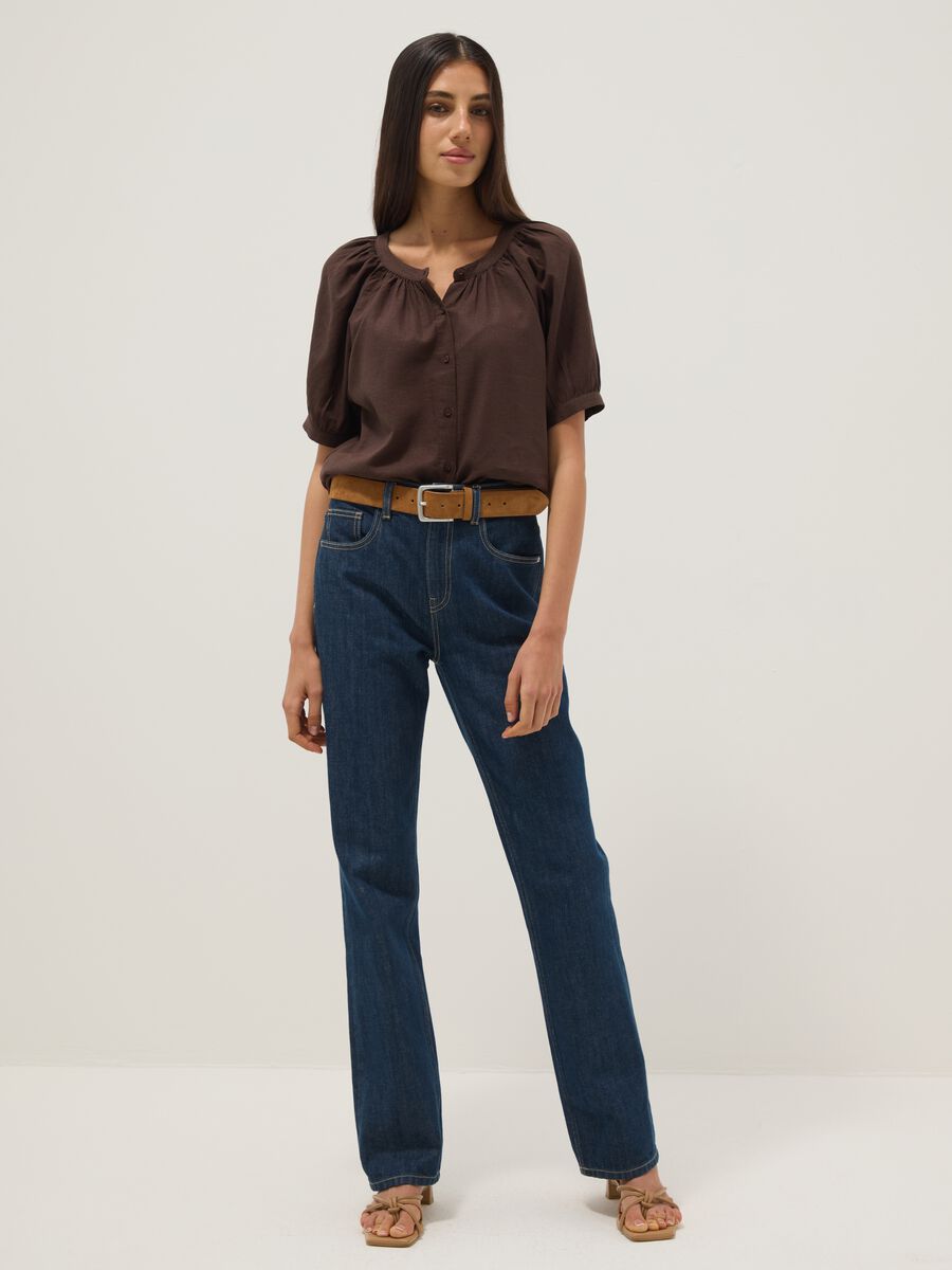 Brown linen blend regular fit shirt with Mandarin collar_2