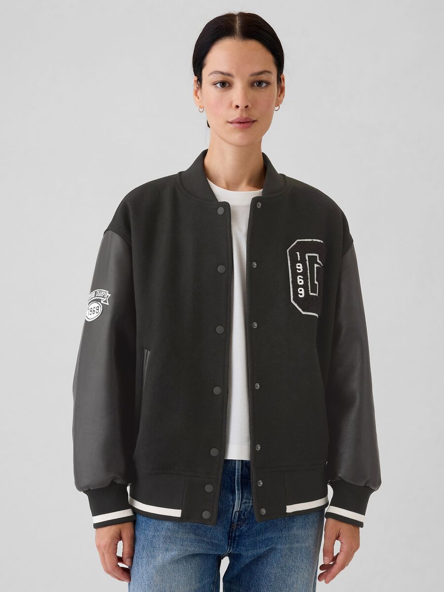 Varsity bomber jacket with glossy-effect sleeves_0