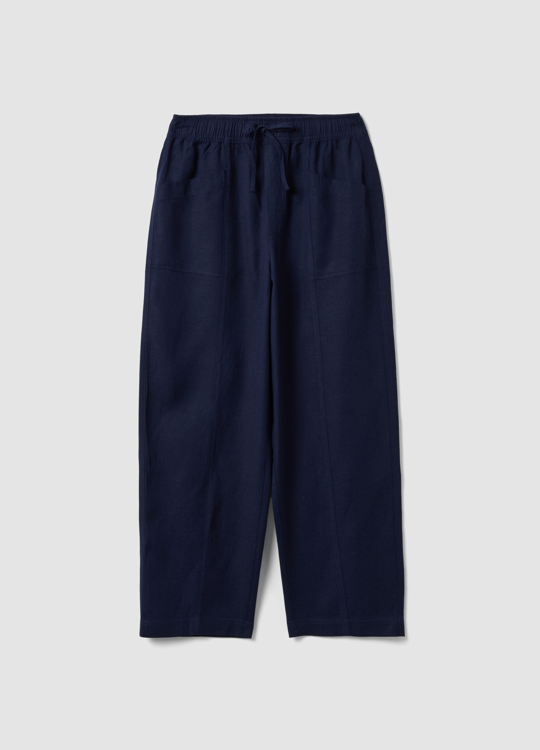 Beige viscose-linen blend straight-fit trousers with drawstring