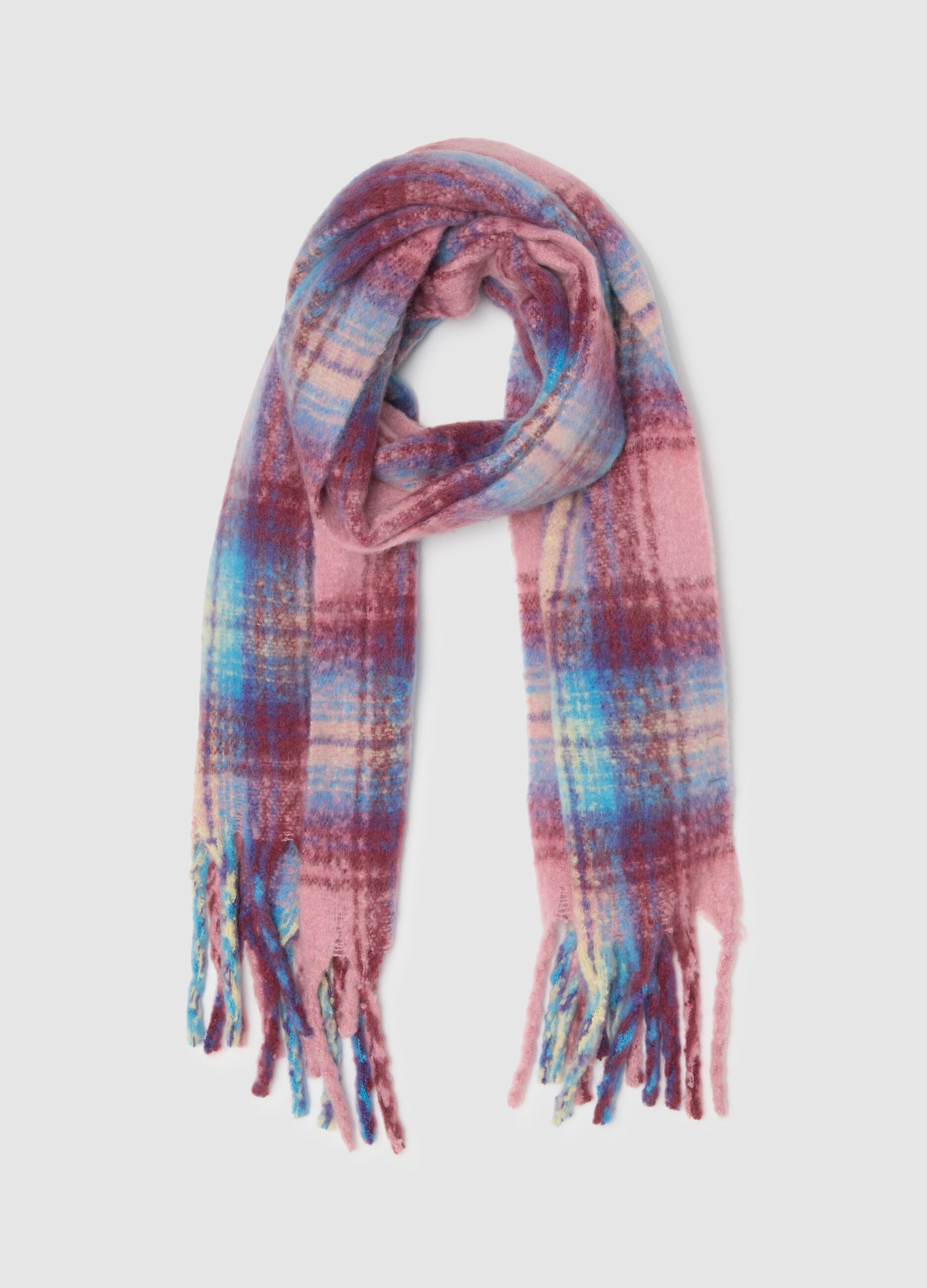 Multicoloured Checkered Scarf with Fringe