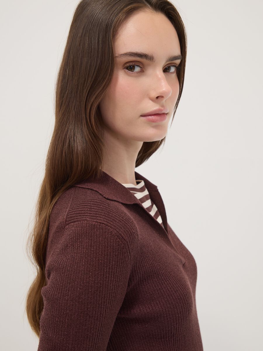 Brown ribbed viscose-blend polo-collar top_1