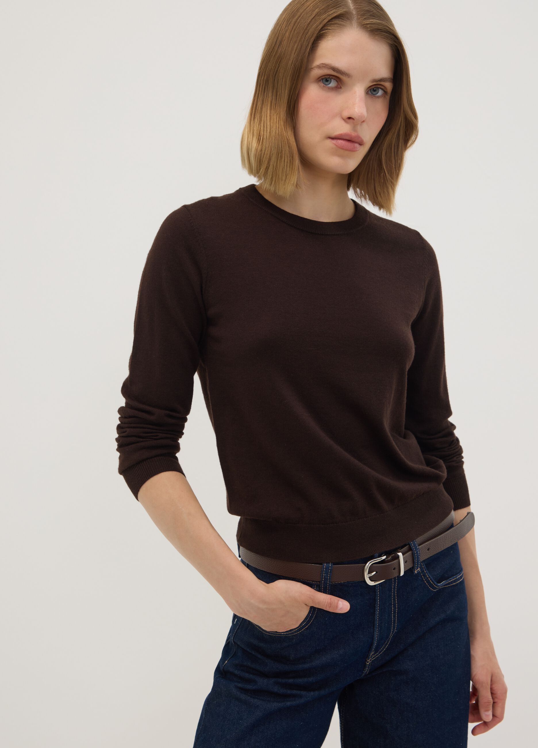 Brown crew-neck wool-blend jumper, regular fit