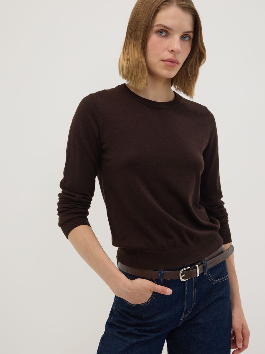Brown crew-neck wool-blend jumper, regular fit_0